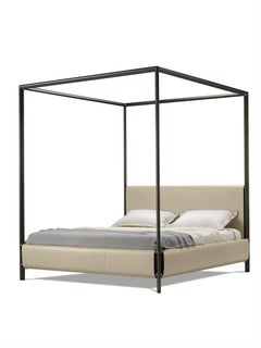 Frame Canopy Bed, Hardleather Nocciola, Burnished Brass Structure, Made in Italy