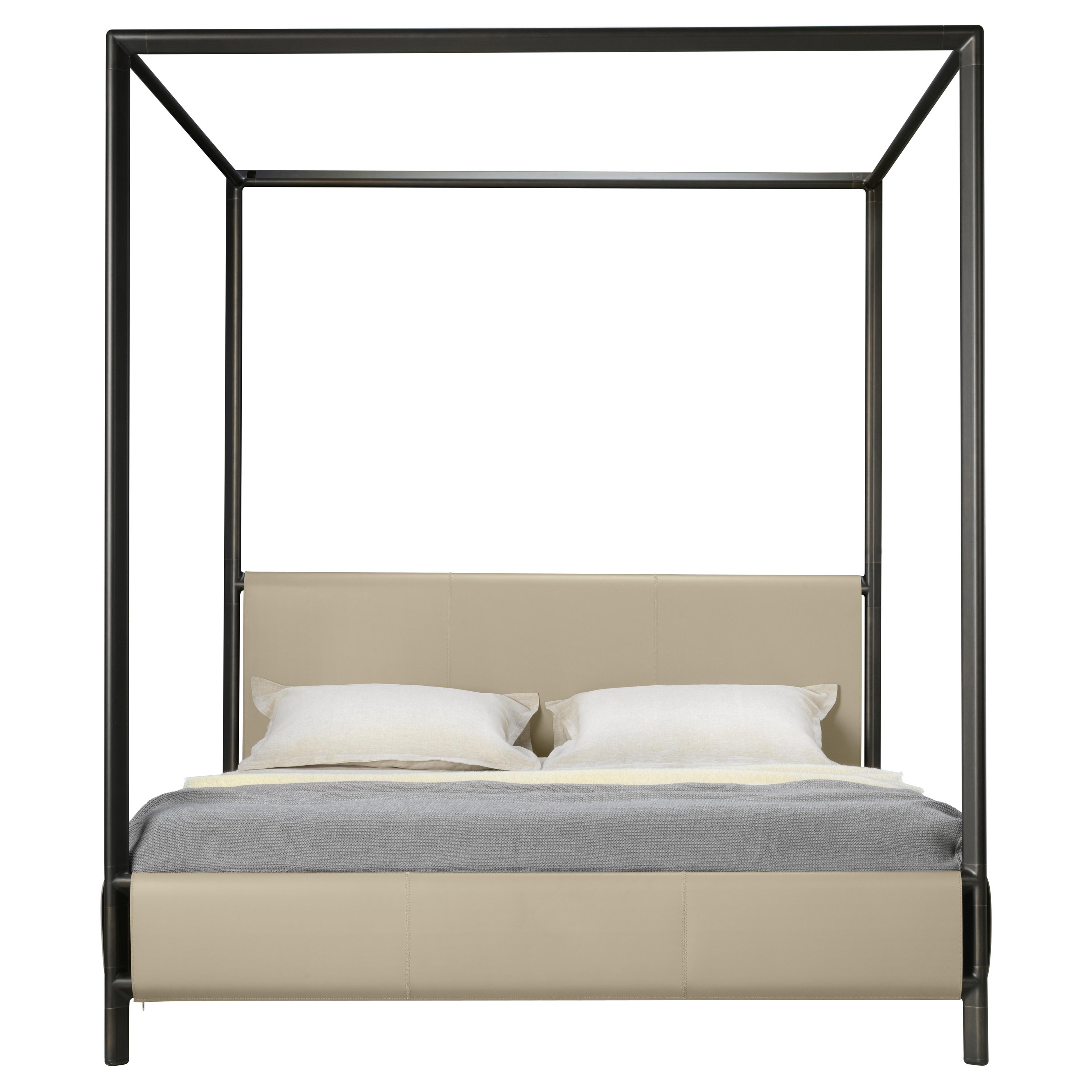 Telaio Letto a baldacchino, pelle dura Nocciola, struttura in ottone brunito, made in Italy