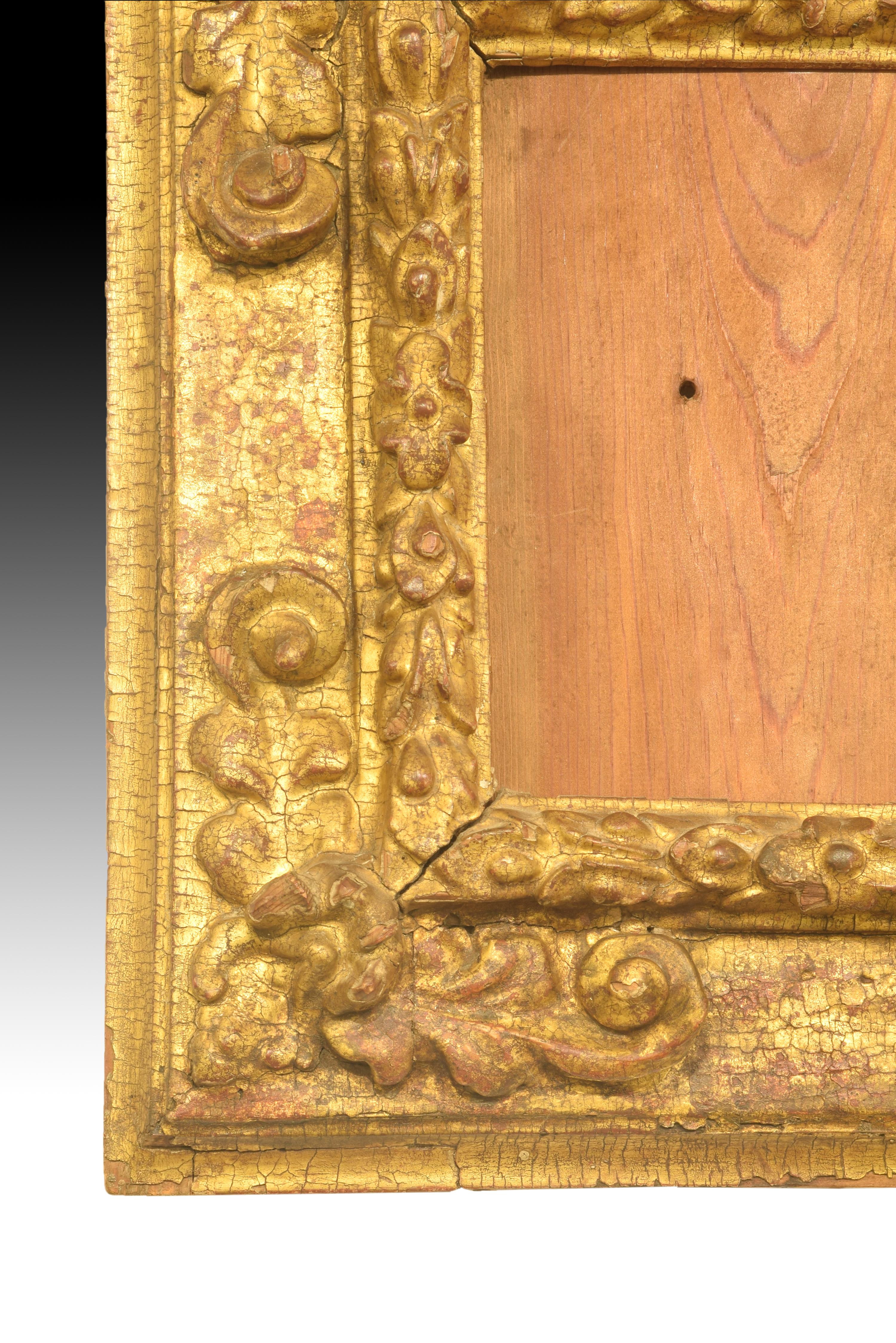 Slightly rectangular frame in carved and gilded wood decorated with a series of bands: on the outside, a smooth molding; to the centre another wider one with vegetal motifs in the corners, arranged around a central detail; to the interior, another