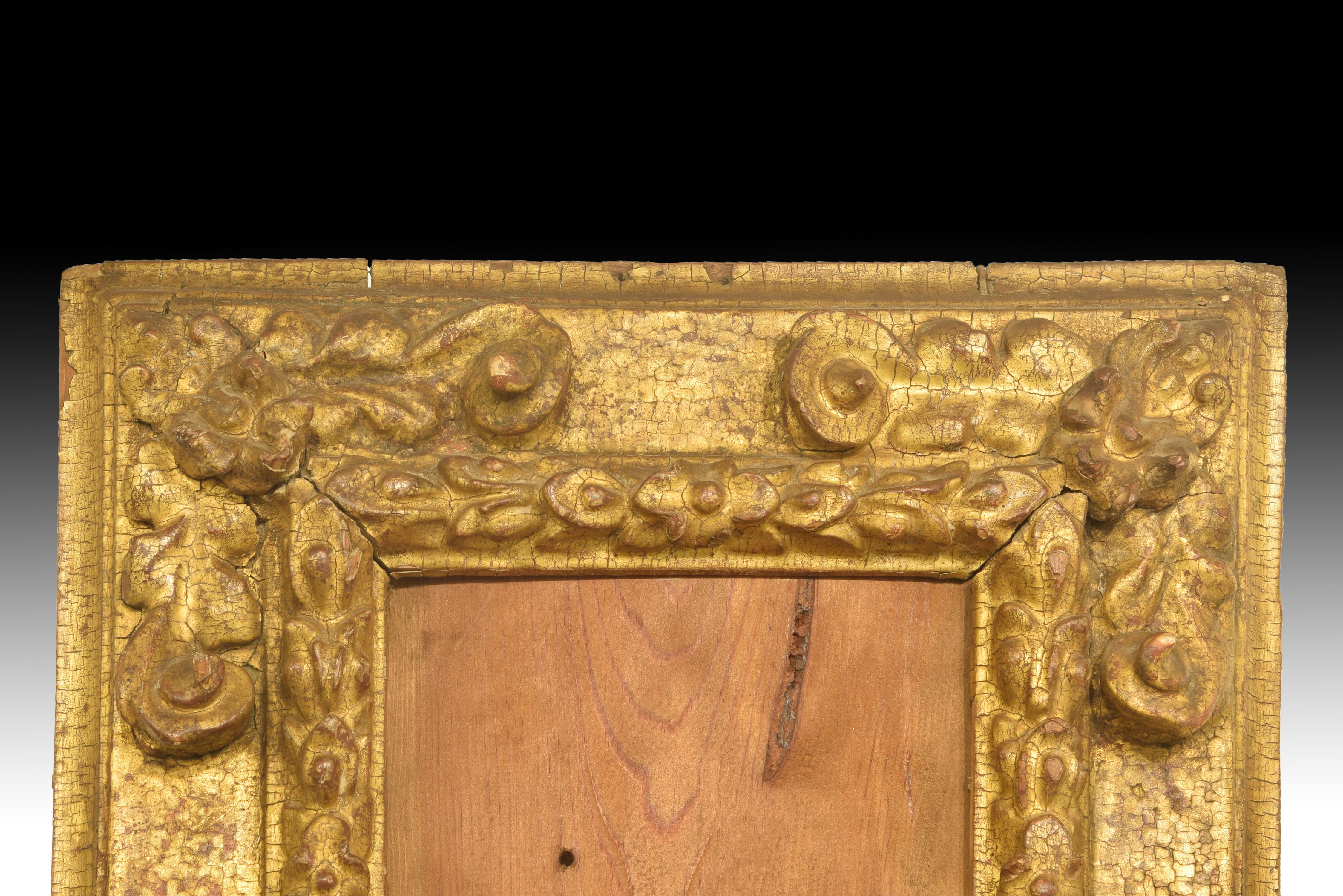 Spanish Frame, Carved and Gilded Wood, Inscription, 17th Century
