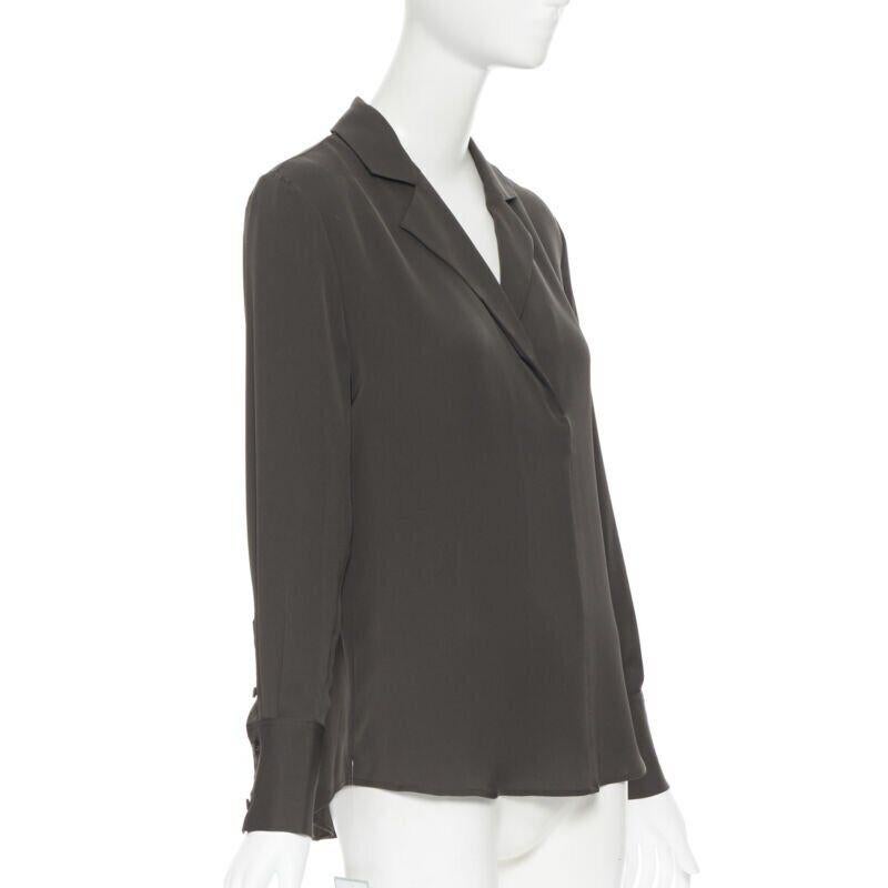Black FRAME Dark Moss green 100% silk spread collar popover shirt blouse XS For Sale