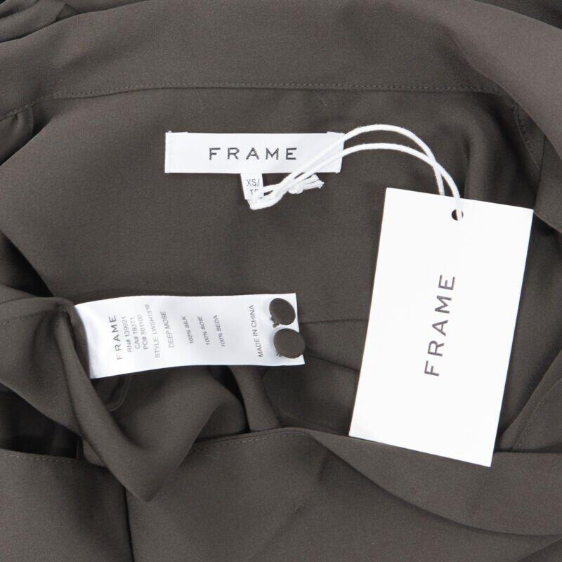 FRAME Dark Moss green 100% silk spread collar popover shirt blouse XS For Sale 3