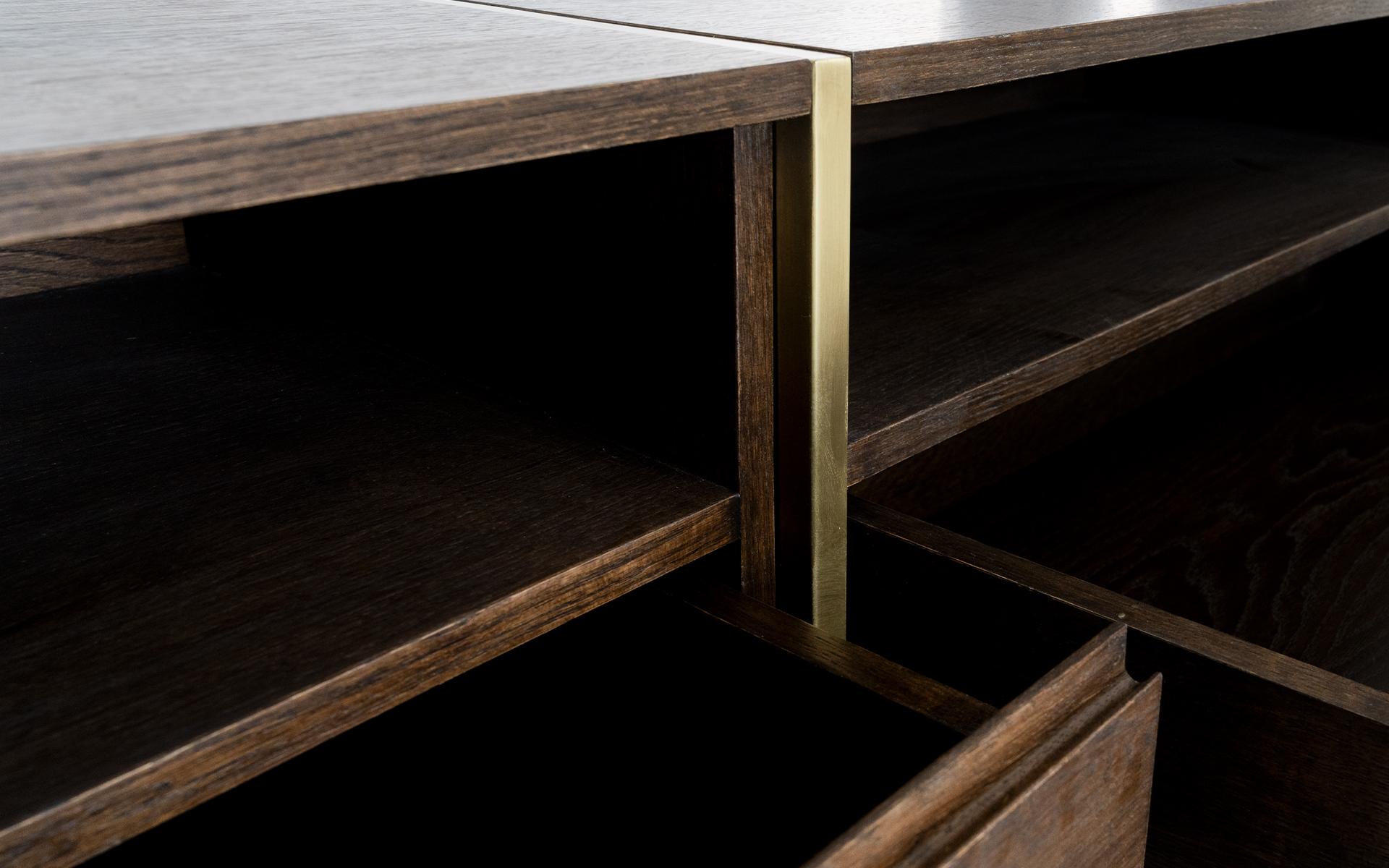 Frame Dark Oak & Brass TV Cabinet / Stand with Drawers For Sale 2