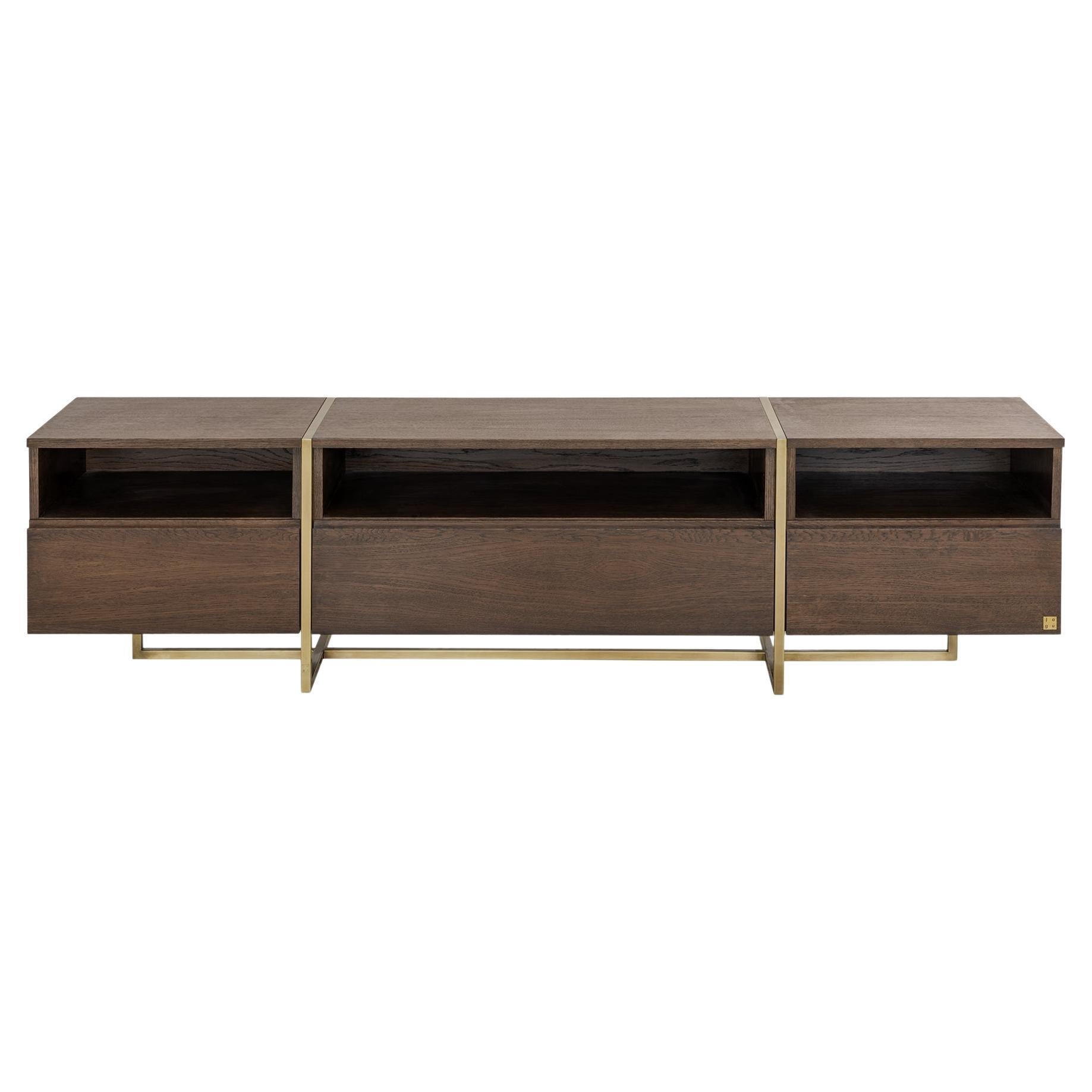 Frame Dark Oak & Brass TV Cabinet / Stand with Drawers For Sale