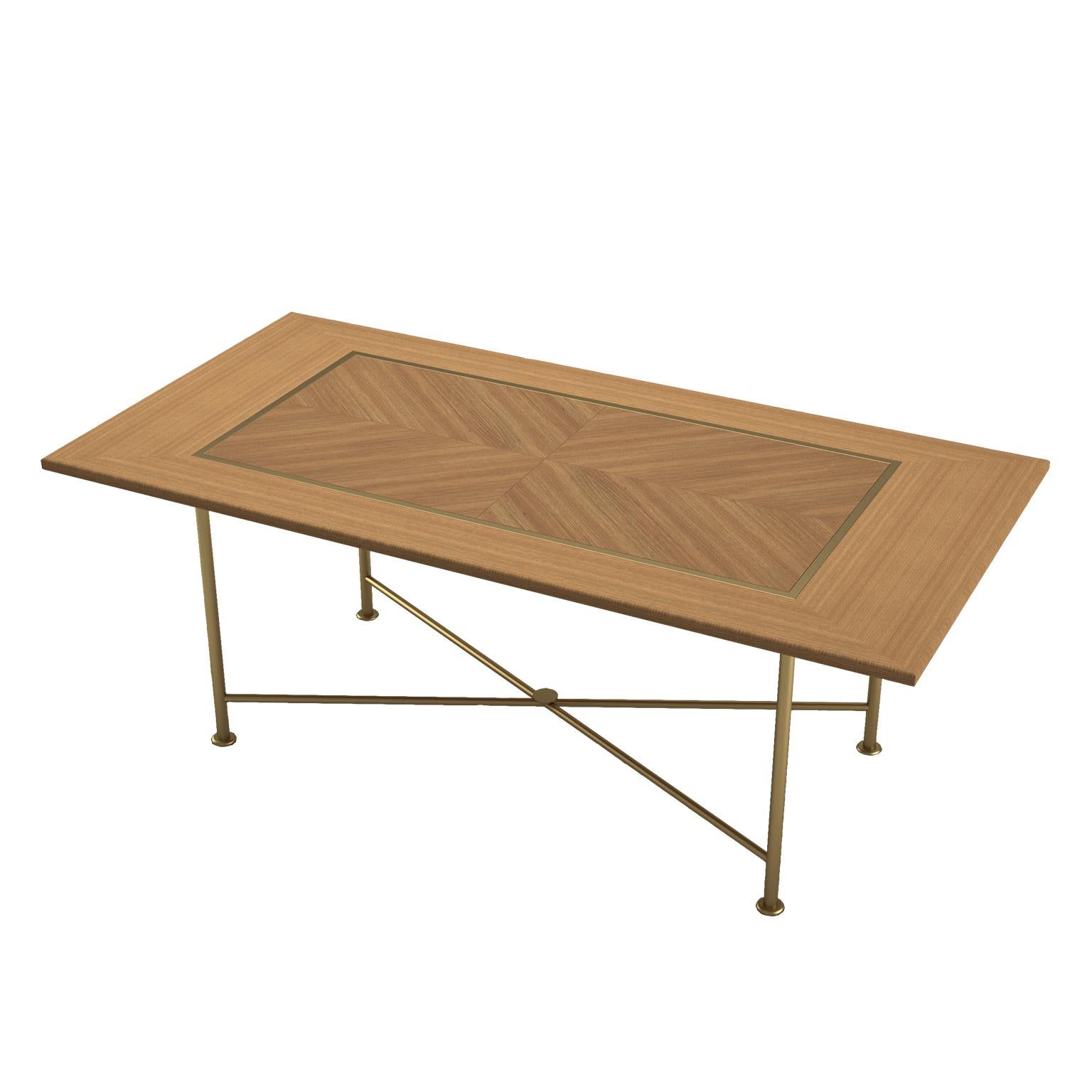 Frame dining table by Lagu
Designed by Ufuk Ceylan
Dimensions: W 220 x D 100 x H 77 cm.
Materials: brass, oak. 

With its large dimensions and light American oak table, frame table brings naturalness to your dining room with all its durability