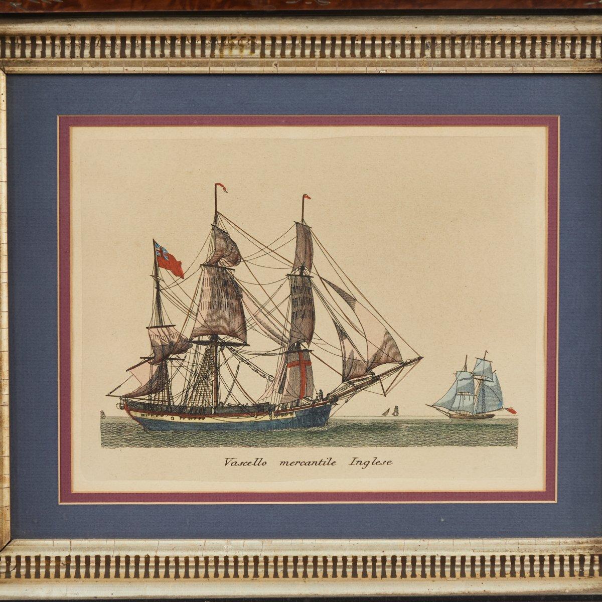 19th-century Italian lithograph of a mercantile ship with beautiful English mahogany and gilt-trimmed frame. A handsome pairing with a touch of nautical wanderlust. 

England, circa 1880

Dimensions: 20W x 3.5D x 18H