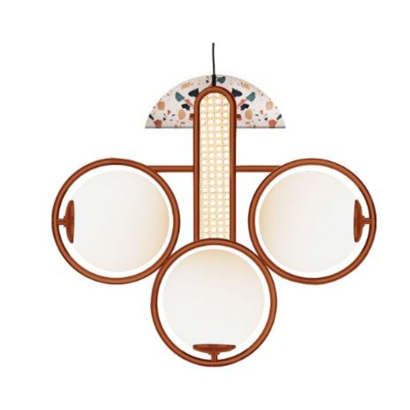 Frame I Suspension lamp by Dooq
Dimensions: W 70 x D 18 x H 50 cm
Materials: lacquered metal, rattan, terrazzo.

Information:
230V/50Hz
3 x max. G9
4W LED

120V/60Hz
3 x max. G9
4W LED

Cable: 59”/1,5m

All our lamps can be wired according to each