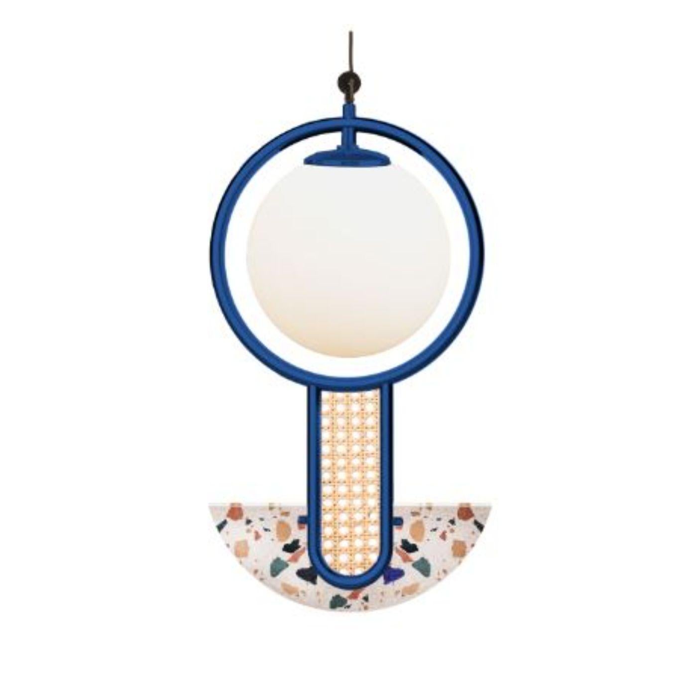 Frame II Circular Suspension lamp by Dooq
Dimensions: W 28 x D 18 x H 50 cm
Materials: lacquered metal, rattan, terrazzo.
Also available in different colors and dimensions. 

Information:
230V/50Hz
1 x max. G9
4W LED

120V/60Hz
1 x max.