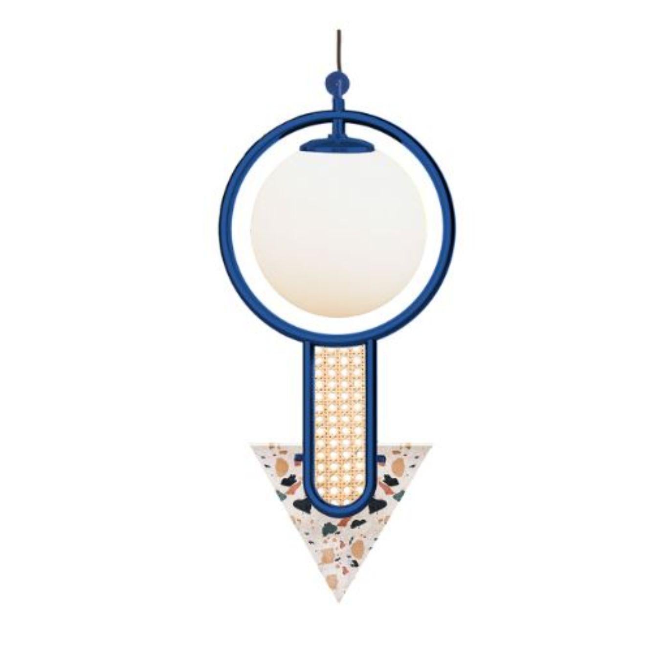 Frame II triangular suspension lamp by Dooq
Dimensions: W 28 x D 18 x H 54 cm
Materials: lacquered metal, rattan, terrazzo.
Also available in different colours and dimensions.

Information:
230V/50Hz
1 x max. G9
4W LED

120V/60Hz
1 x max.