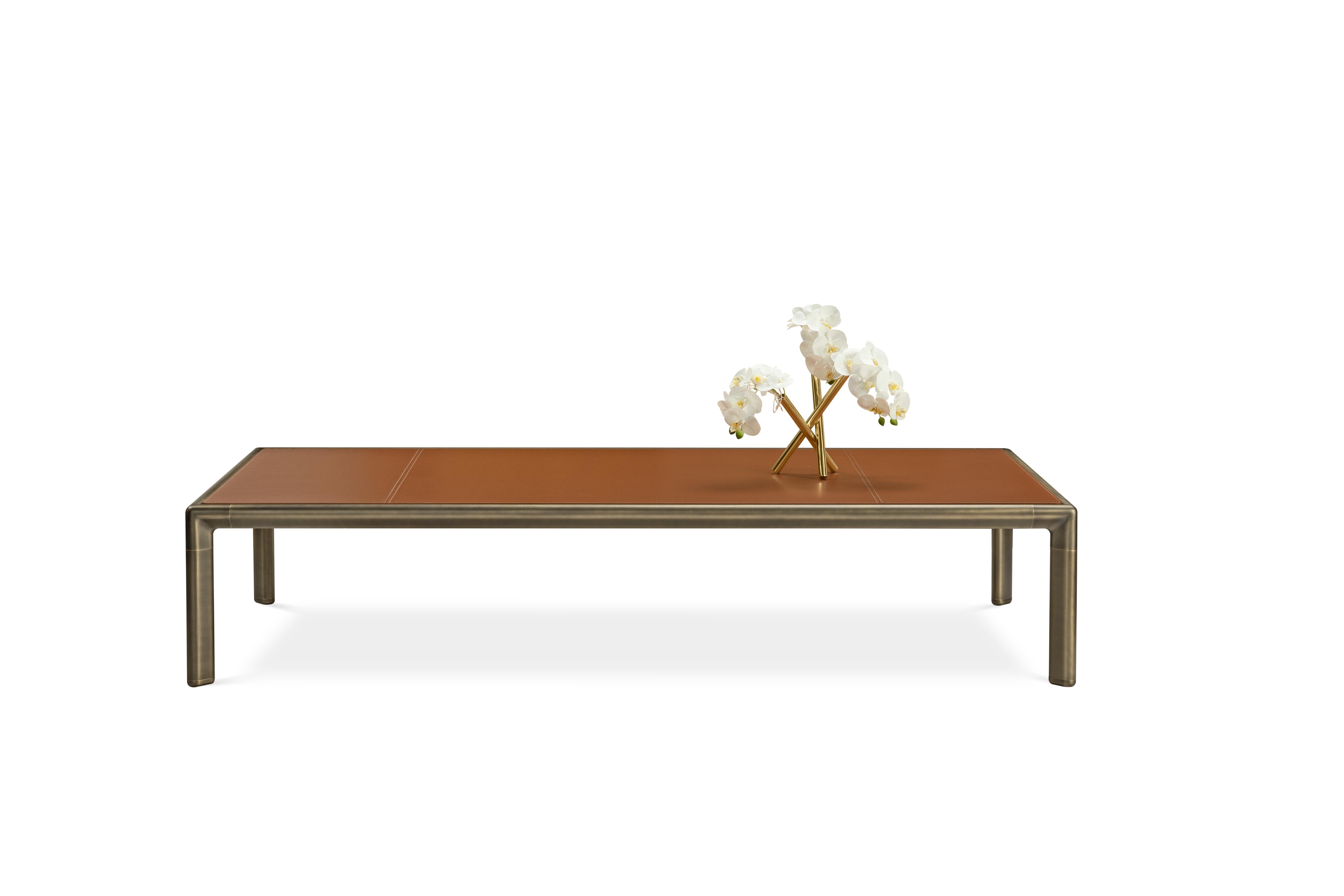 Frame Large Coffee Table in Cuoio Leather Top with Brown Burnished Brass In Excellent Condition For Sale In Brooklyn, NY
