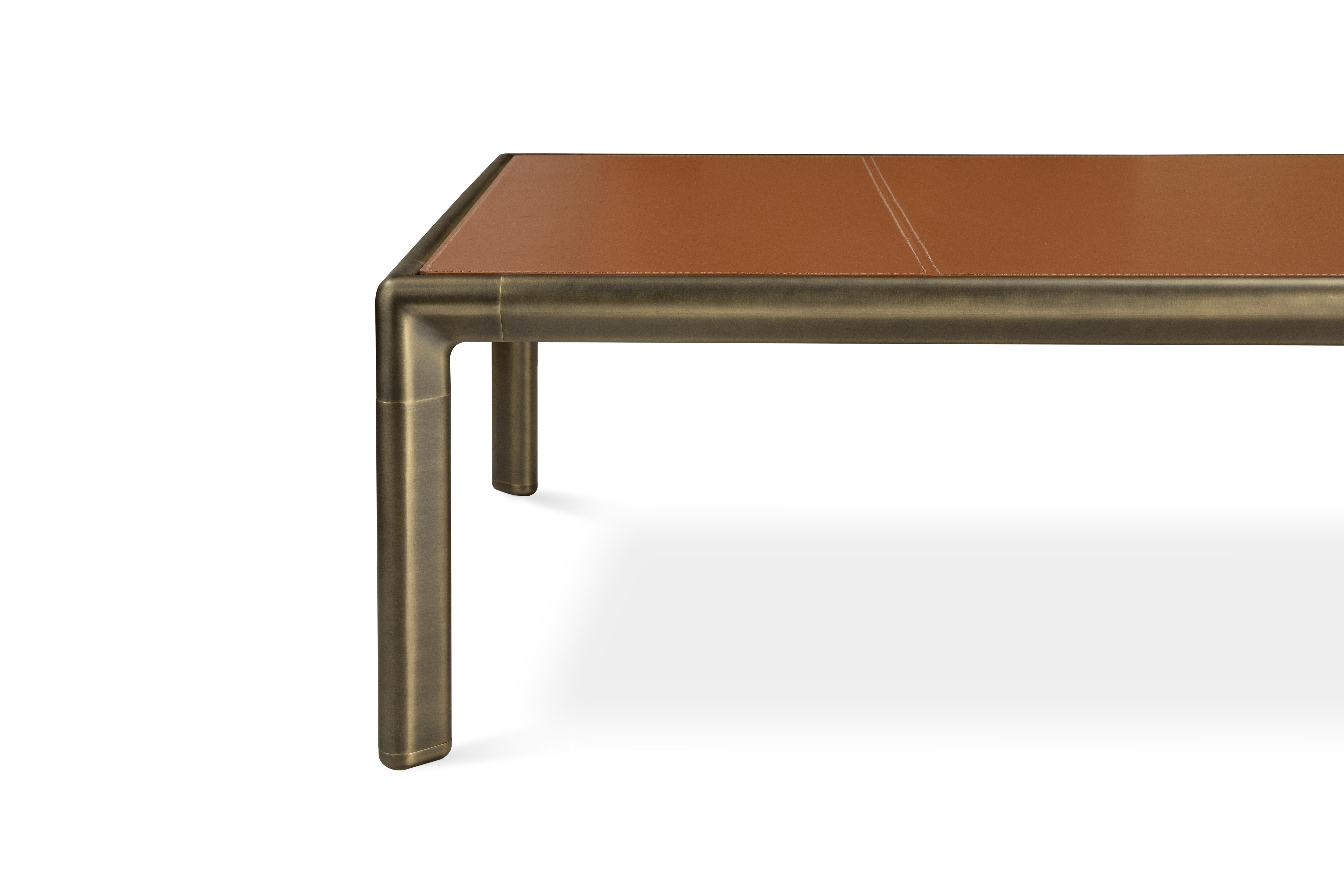 Contemporary Frame Large Coffee Table in Cuoio Leather Top with Brown Burnished Brass For Sale
