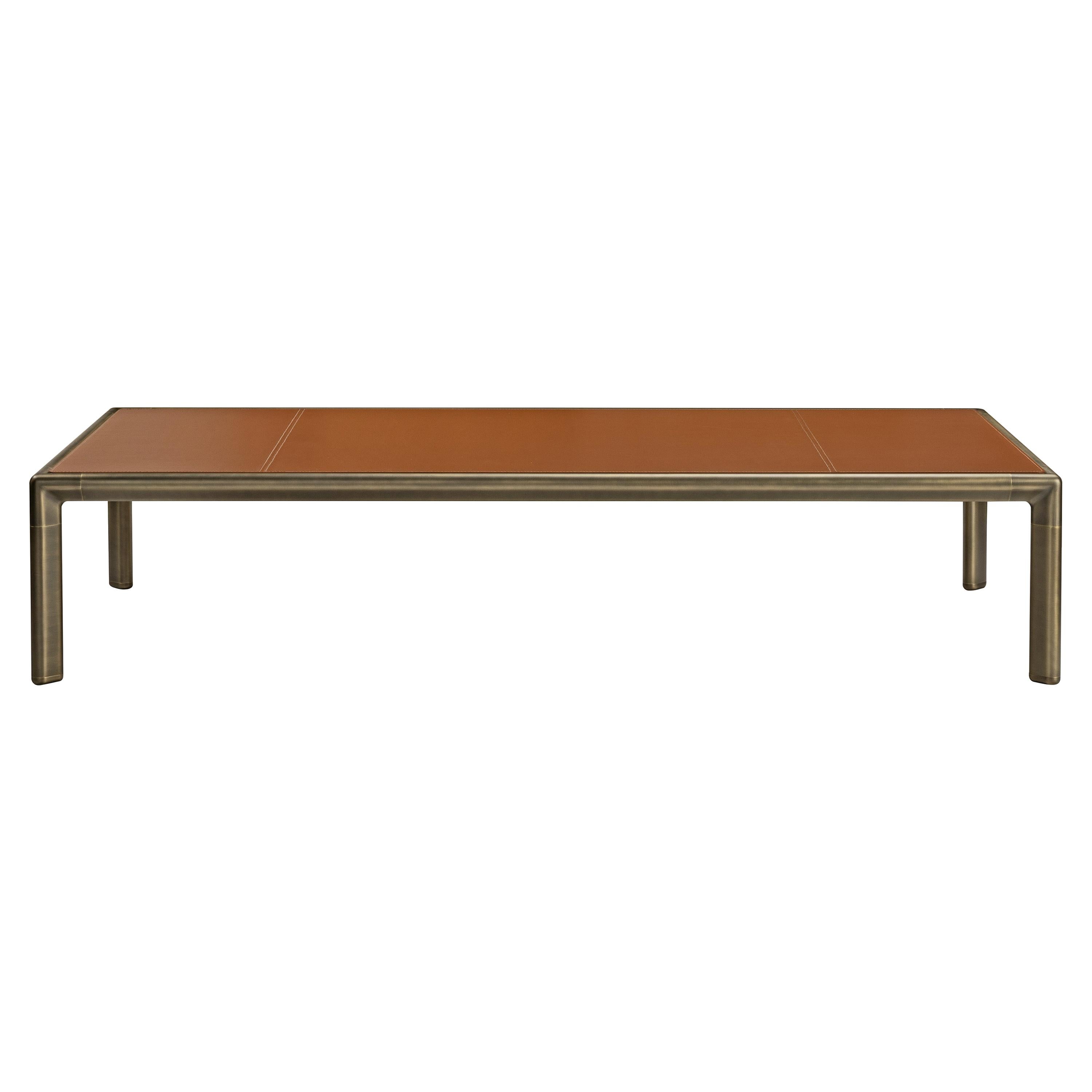 Frame Large Coffee Table in Cuoio Leather Top with Brown Burnished Brass For Sale