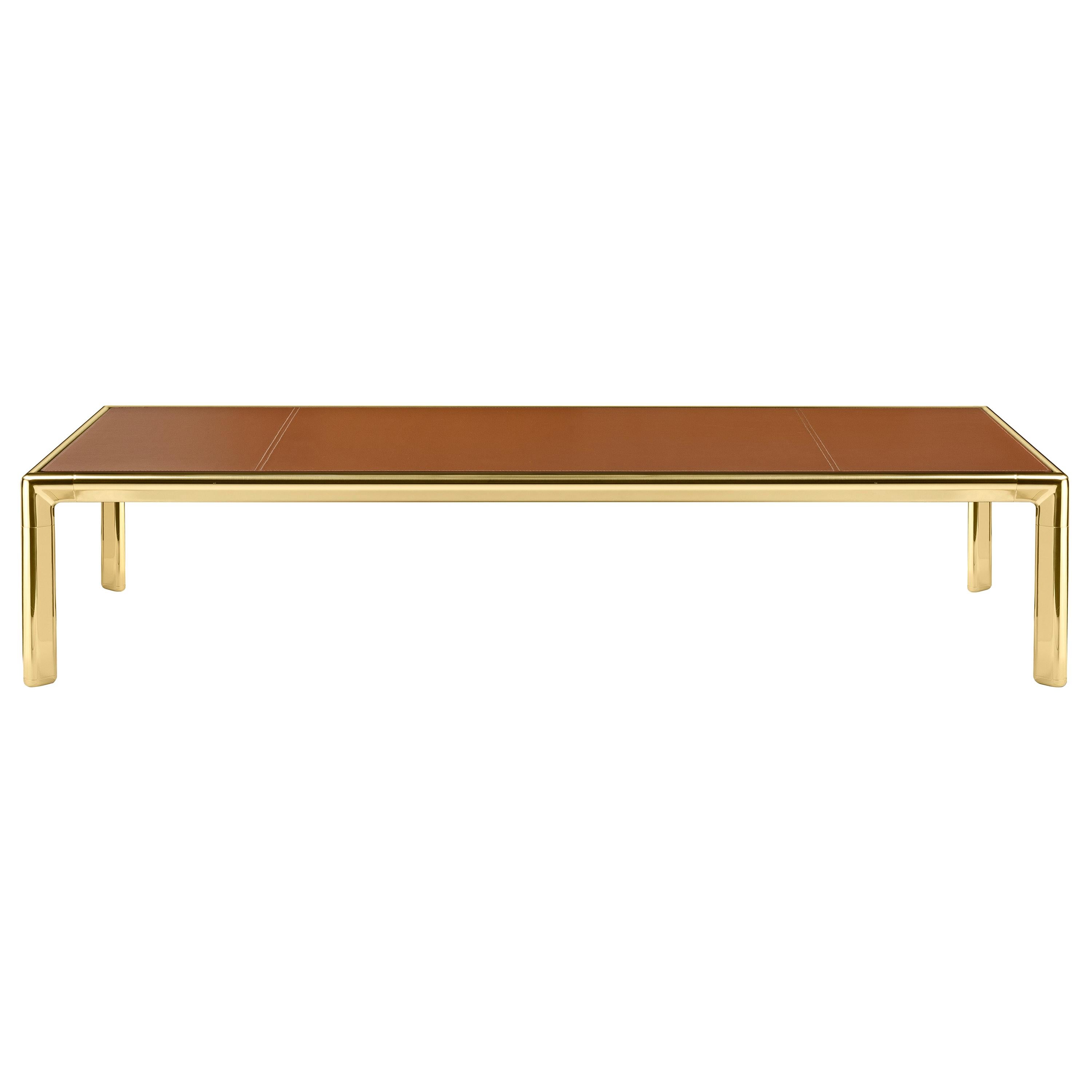 Frame Large Coffee Table in Cuoio Leather Top with Polished Brass