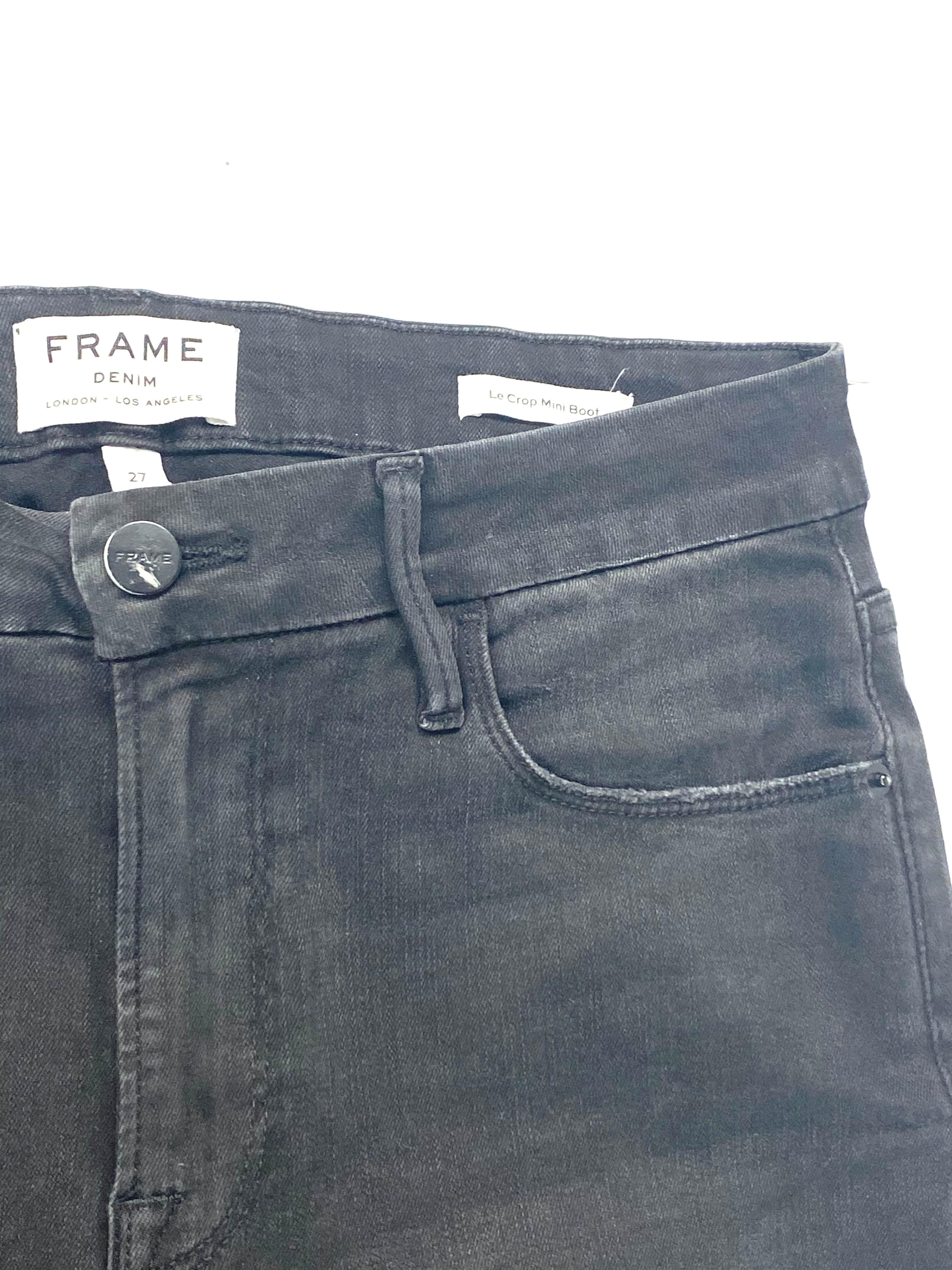 Product details:

The jeans feature dark grey/ black wash, high raise fit, cropped and stretch material.