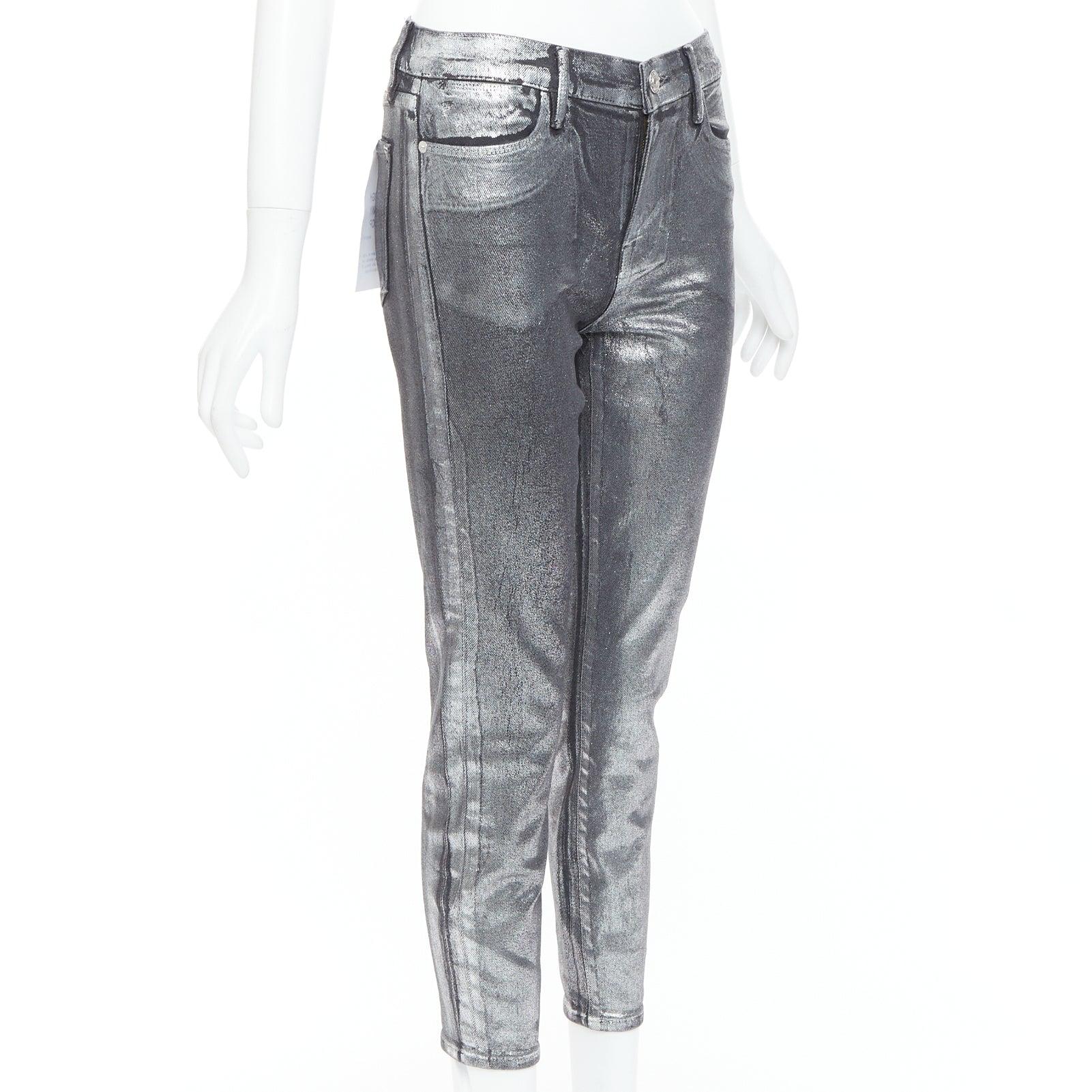 Silver FRAME Le High Skinny Crop metallic silver coated pants 24