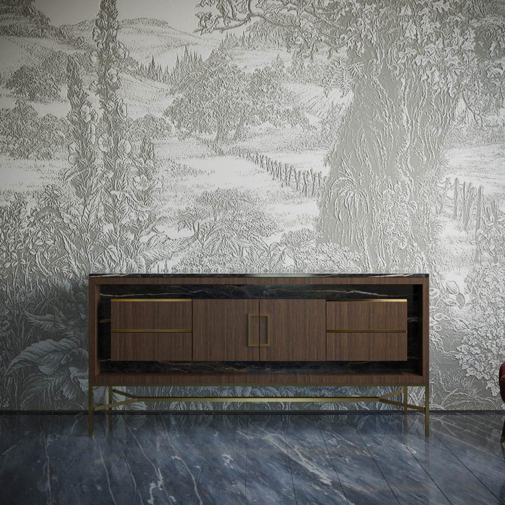 Credenza Frame Living CL de Estro Collezioni
Dimensiones:  An 180 x Pr 54 x Al 85 cm
Materiales: Madera, Metal. 
Cat. 1.
Parte superior de madera. 

El marco es un elemento que Estro ha creado para glorificar uno de los materiales más bellos que ha