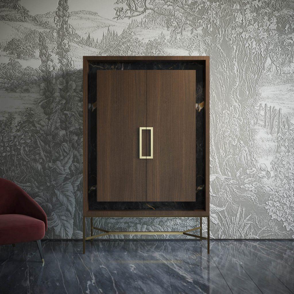 Armario Frame Living H de Estro Collezioni
Dimensiones:  An 115 x Pr 54 x Al 180 cm
Materiales: Madera, Mármol, Metal. 

El marco es un elemento que Estro ha creado para glorificar uno de los materiales más bellos que ha creado la Mother Nature, el