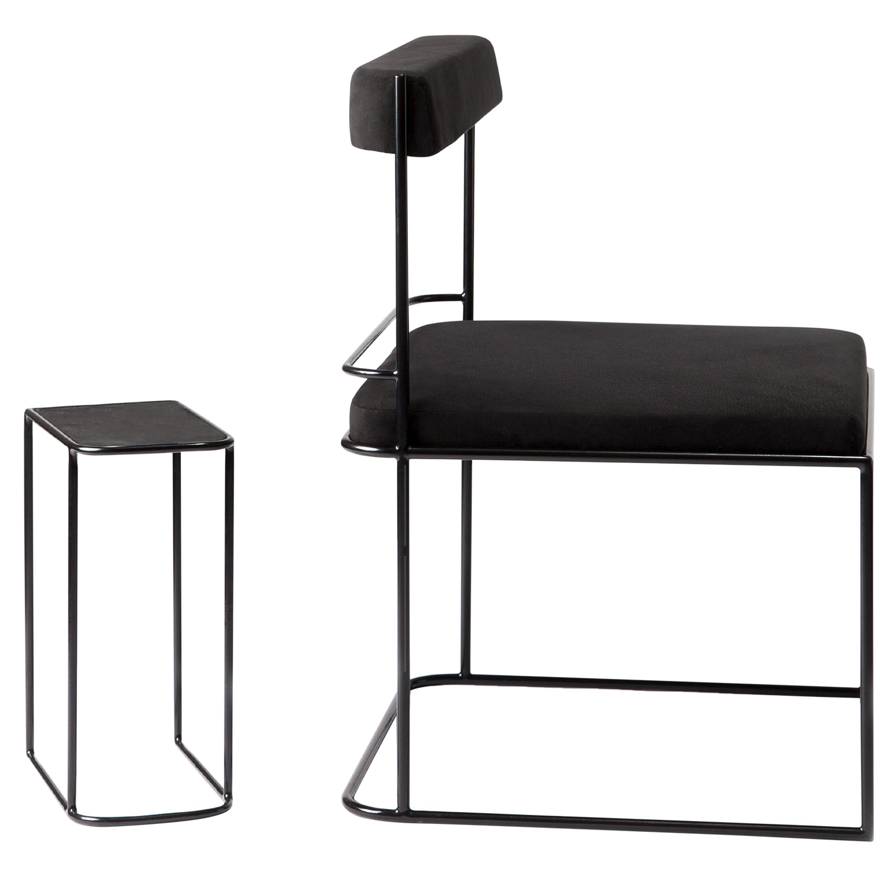 Cadre et ensemble de salon d'appoint structuré en métal noir, de style minimaliste et moderne