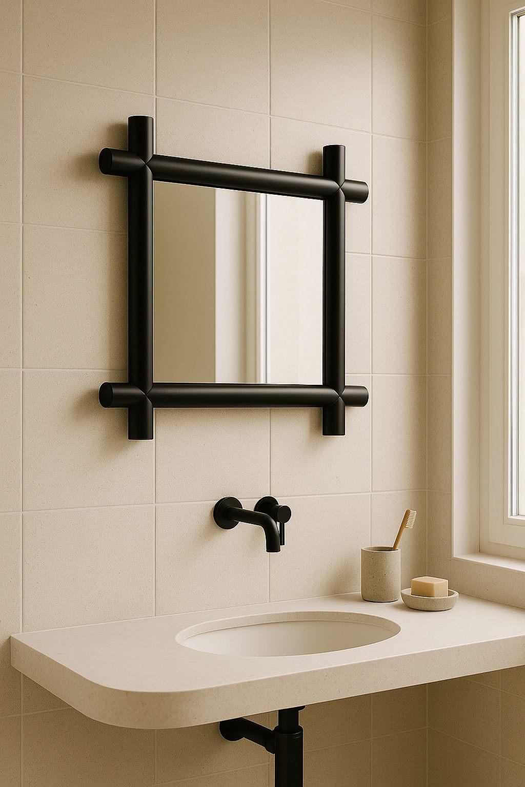 Rahmenspiegel, handgefertigt aus Massivholz, minimalistisch und detailliert in Schwarz (Skandinavische Moderne) im Angebot