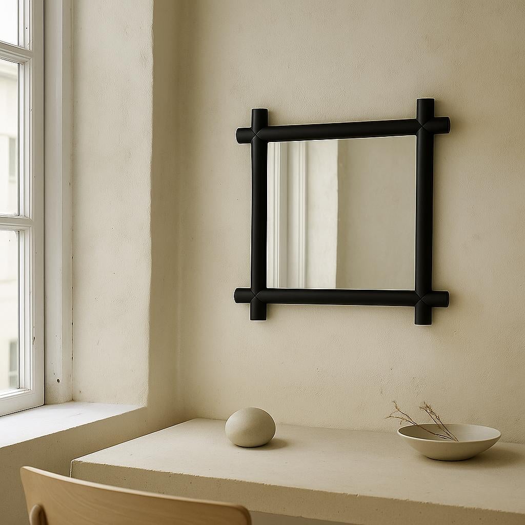 Rahmenspiegel, handgefertigt aus Massivholz, minimalistisch und detailliert in Schwarz (Handgefertigt) im Angebot