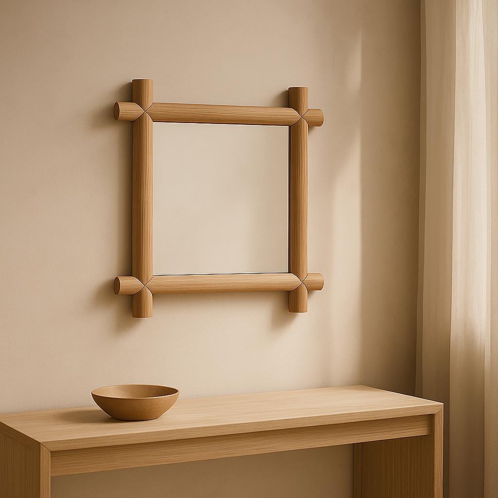 Der Frame Mirror verbindet klare Geometrie mit industrieller Raffinesse. 

Mit seinem kühnen Rohrrahmen und den präzisen, handgefertigten Holzverbindungen macht er aus einem funktionalen Objekt ein strukturelles Statement. 

Jedes Eckdetail erinnert