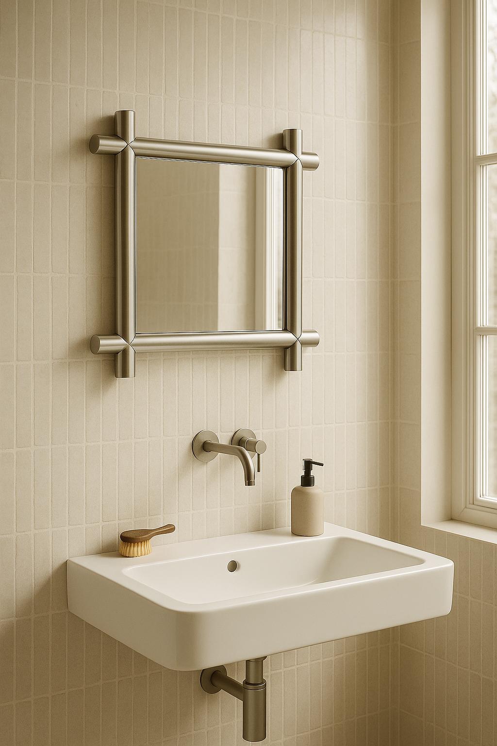 Der Frame Mirror verbindet klare Geometrie mit industrieller Raffinesse. 

Mit seinem kühnen Rohrrahmen und den präzisen, handgefertigten Holzverbindungen macht er aus einem funktionalen Objekt ein strukturelles Statement. 

Jedes Eckdetail erinnert
