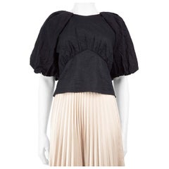 FRAME Navy Round Neck Top With Puffed Sleeves Size S