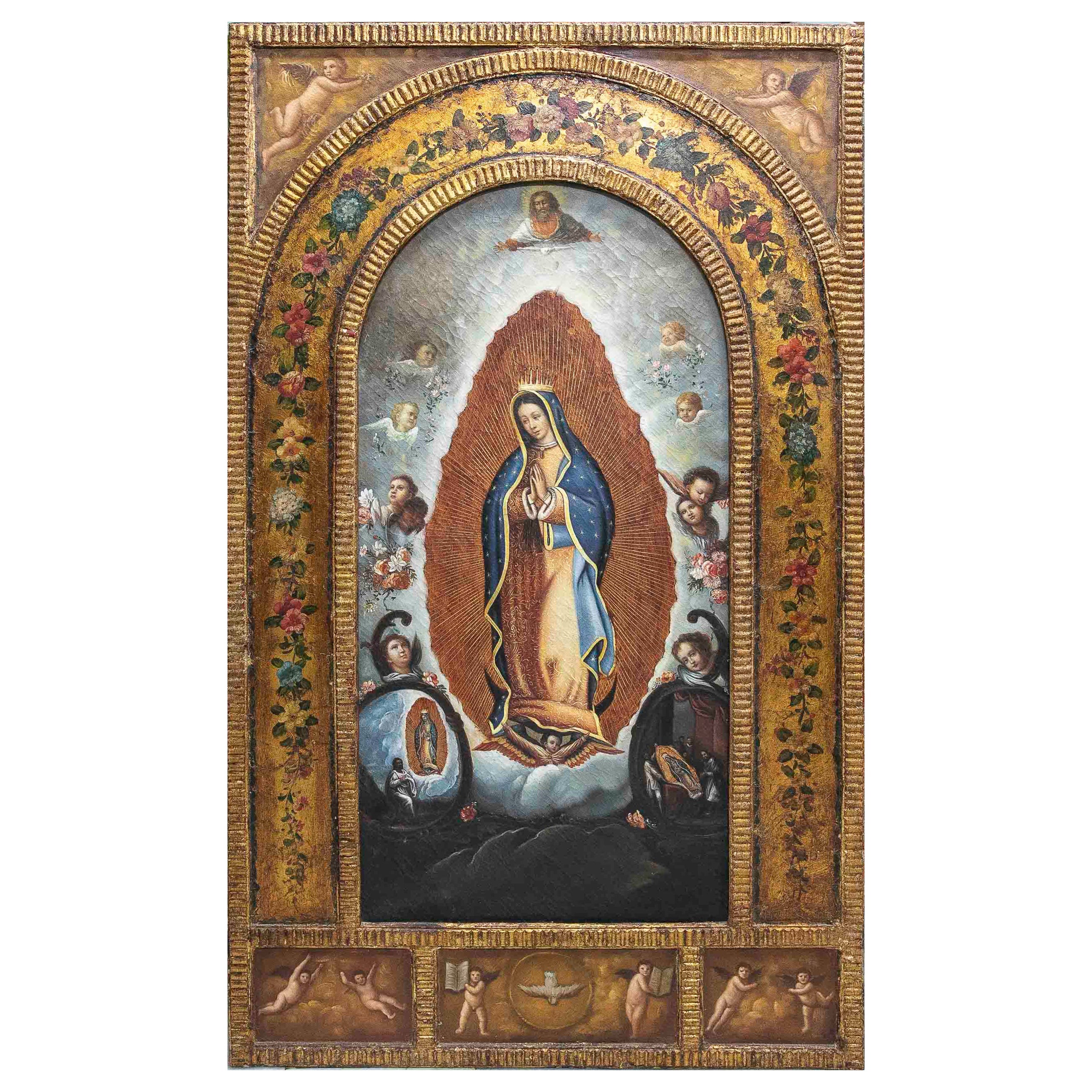 Cadre sur panneau en bois Vierge de Guadalupe avec peinture dorée en vente