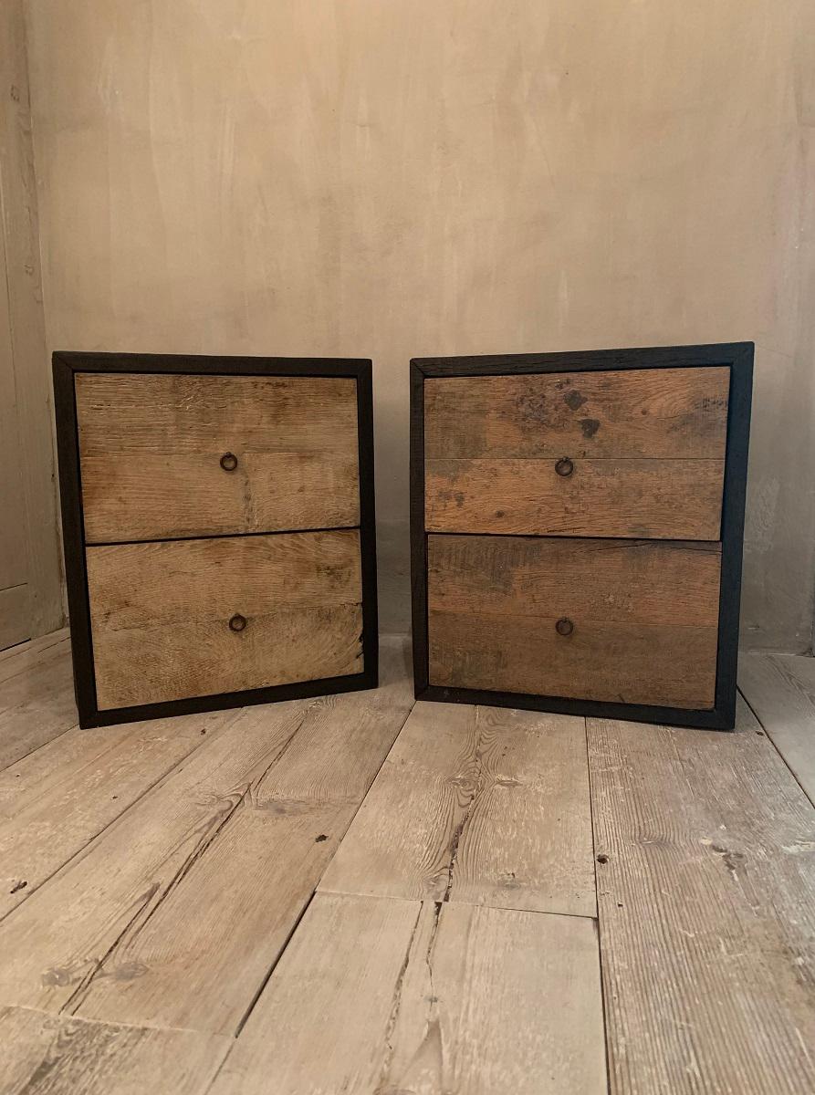 Contemporary Frame Pair of Nightstands Sidetables in Recycled Old Oak