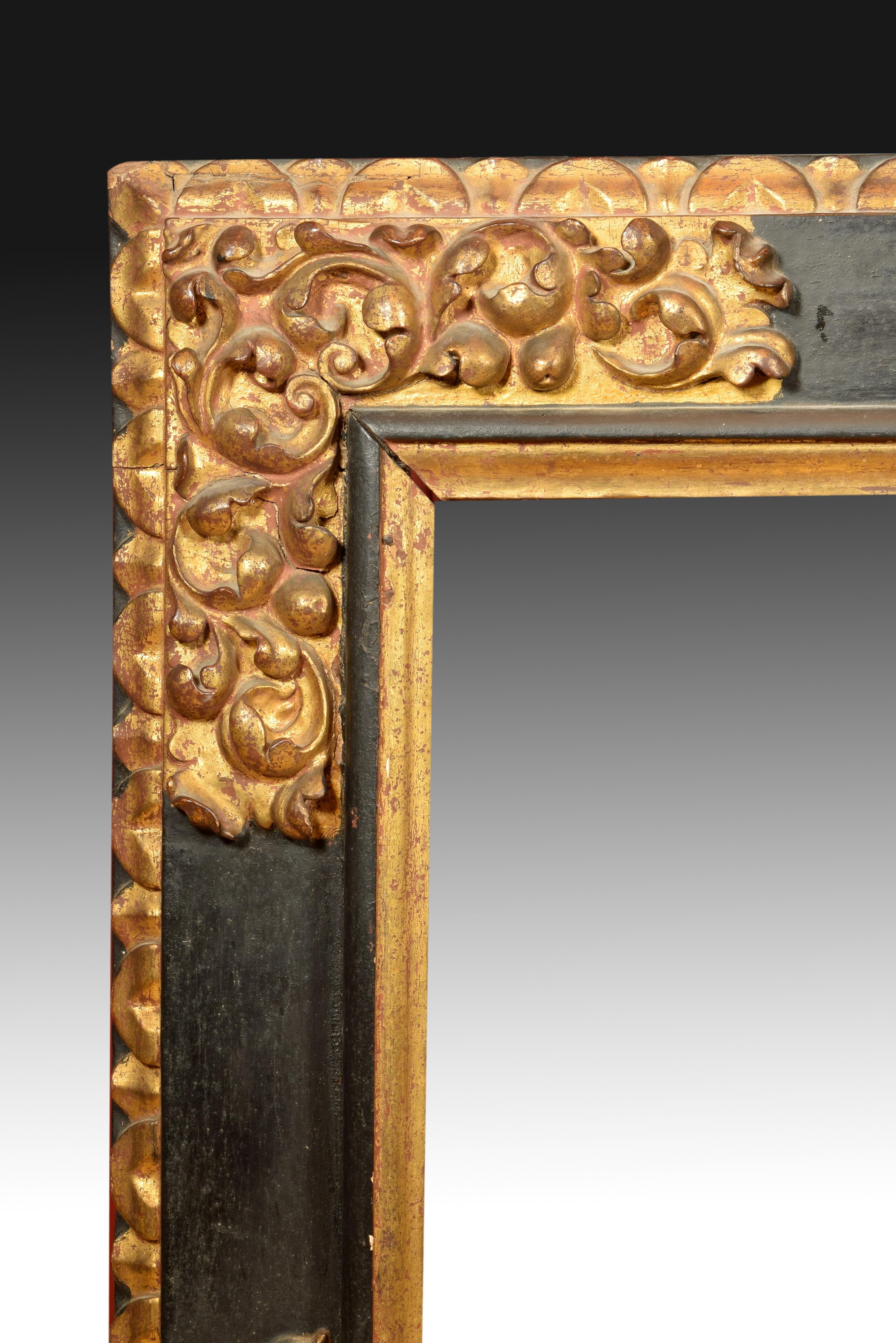Rectangular frame of carved and polychrome wood decorated with a band on the golden exterior, another one on the smooth interior and, in the centre, a combination of thick vegetal elements carved together with dark areas, highlighting the gold. The