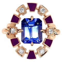 Anello con cornice, laccato nero, oro rosa, diamante e tanzanite