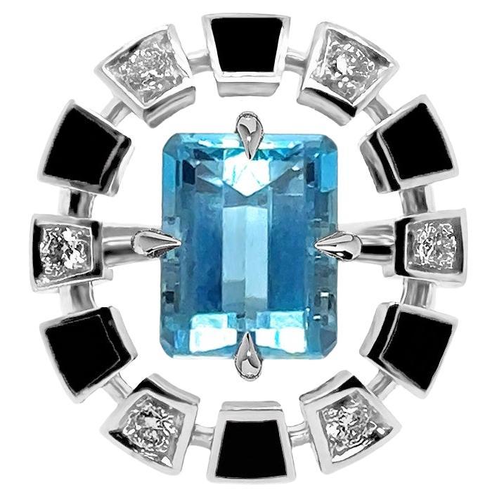 Frame Ring, Black Lacquered, White Gold, Diamond and Aquamarine