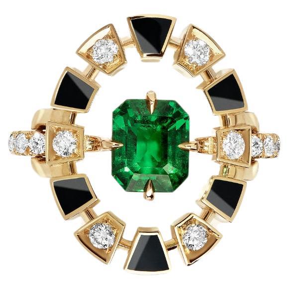 Bague cadre, laquée noire, or jaune, diamant et émeraude