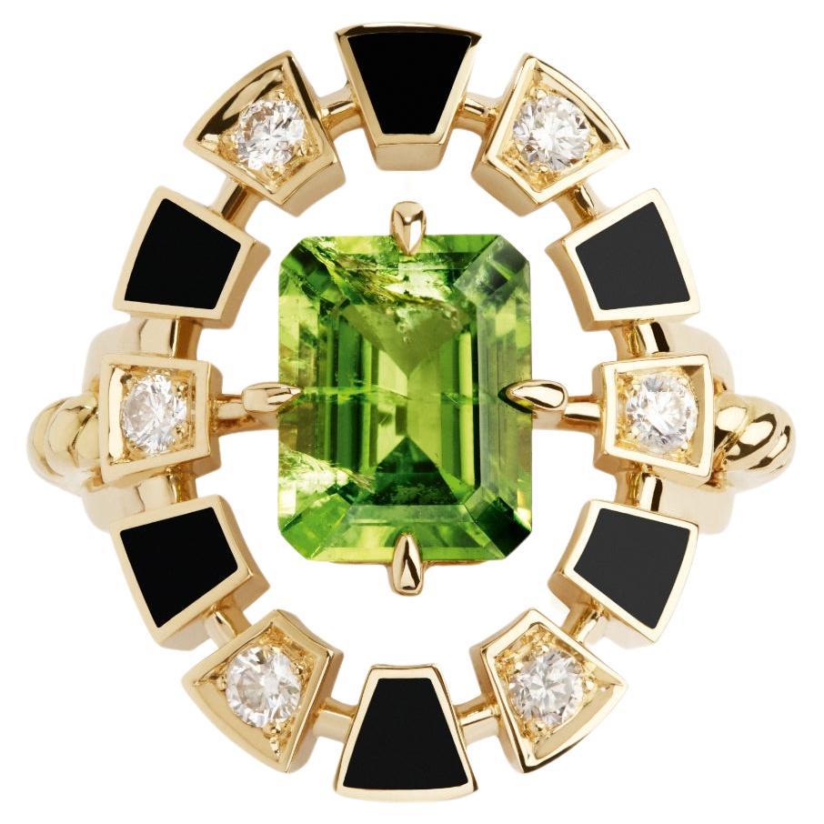 Frame Ring, Black Lacquered, Yellow Gold, Diamond and Peridot