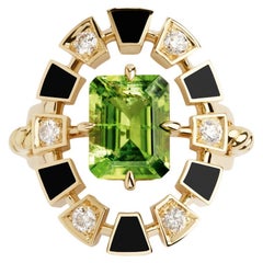 Anello con cornice, laccato nero, oro giallo, diamante e peridoto