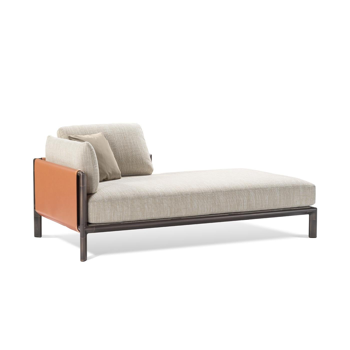 Part of the Frame series, this design represents the angular module of that design, here offered separately stressing its standalone potential as comfortable chaise longue for taking a break from an intense workday. The rigorous aluminum frame