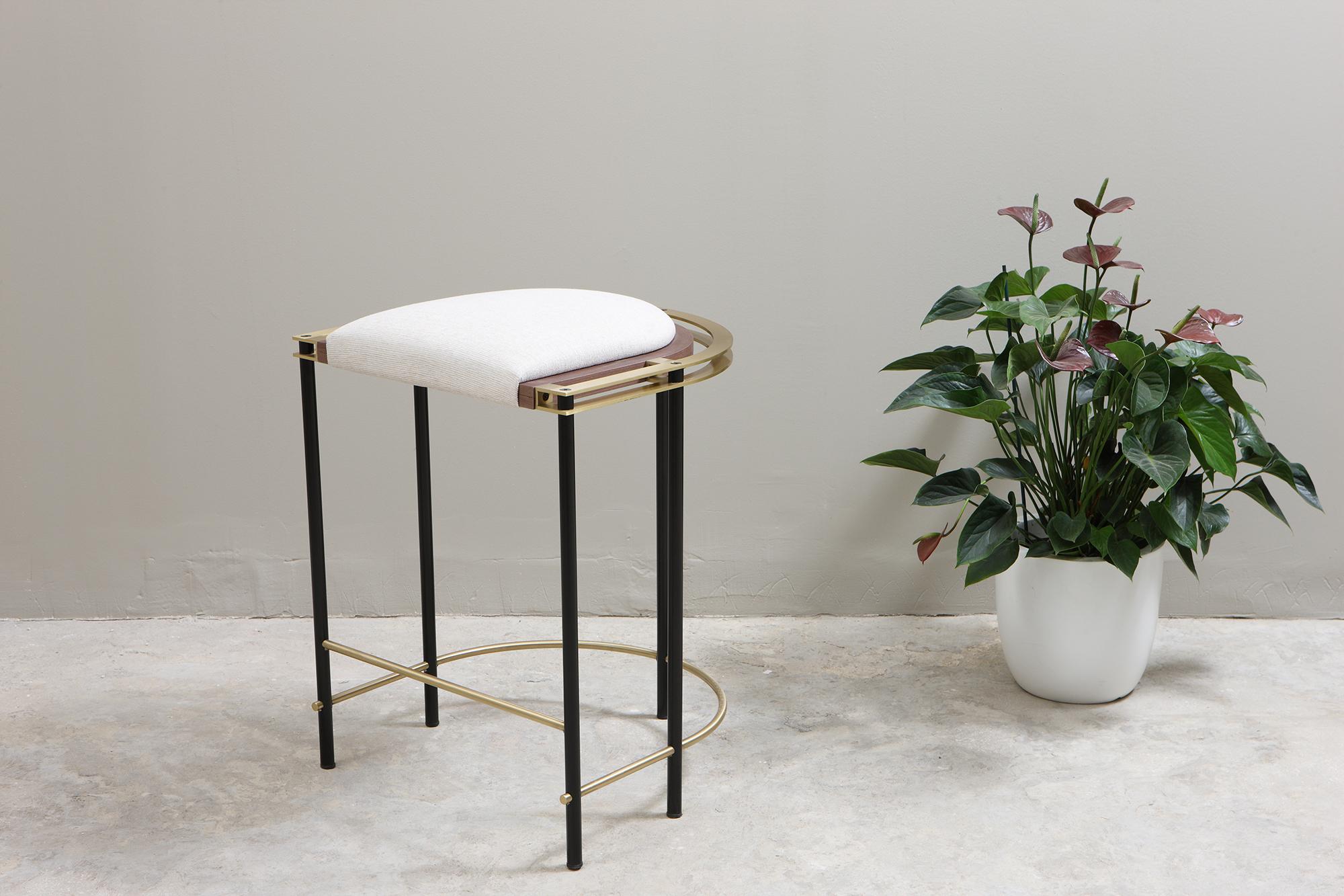 Lebanese Frame Stool in Walnut, Brass, Steel and Linen by Studio A For Sale