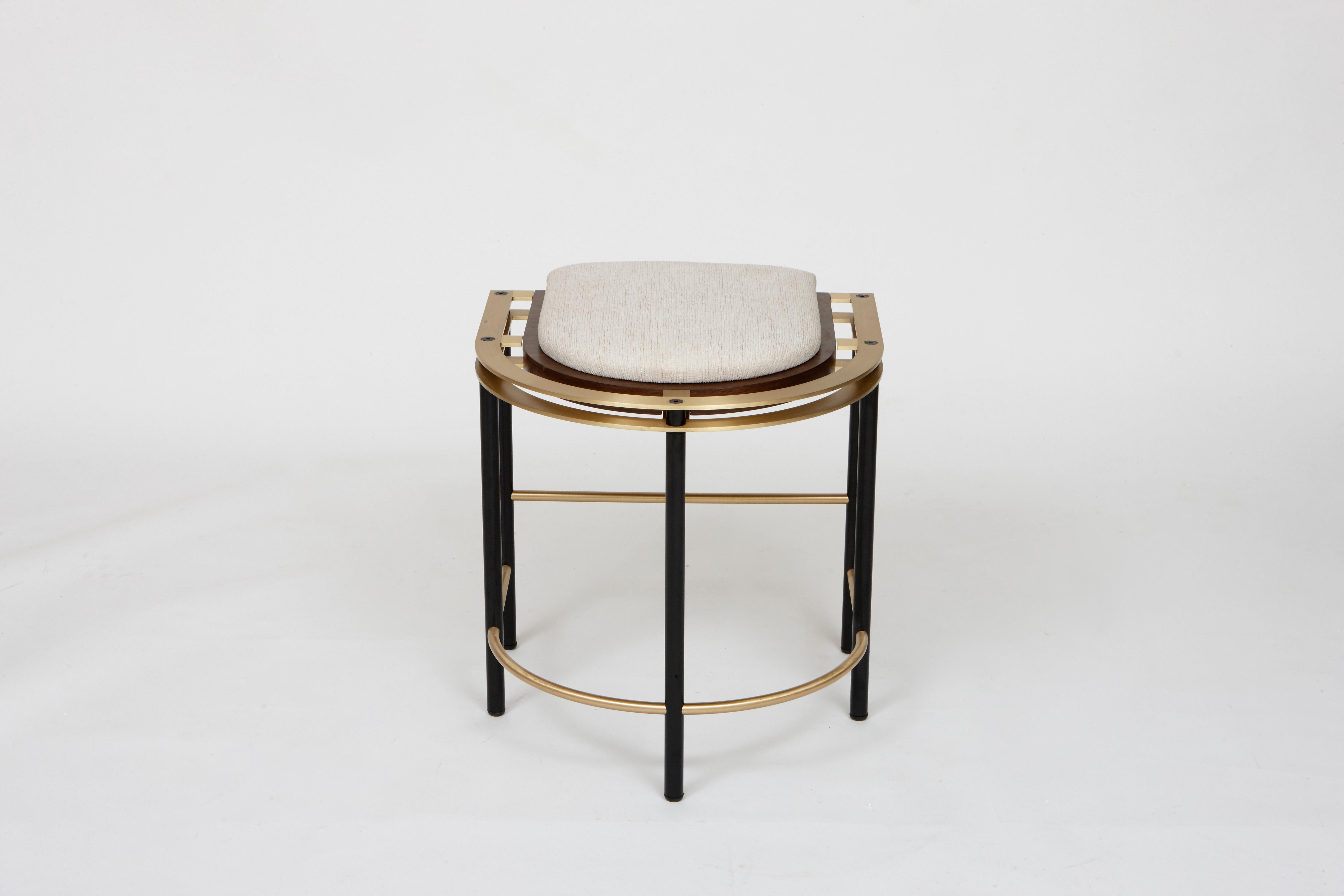 Contemporary Frame Stool in Walnut, Brass, Steel and Linen by Studio A For Sale