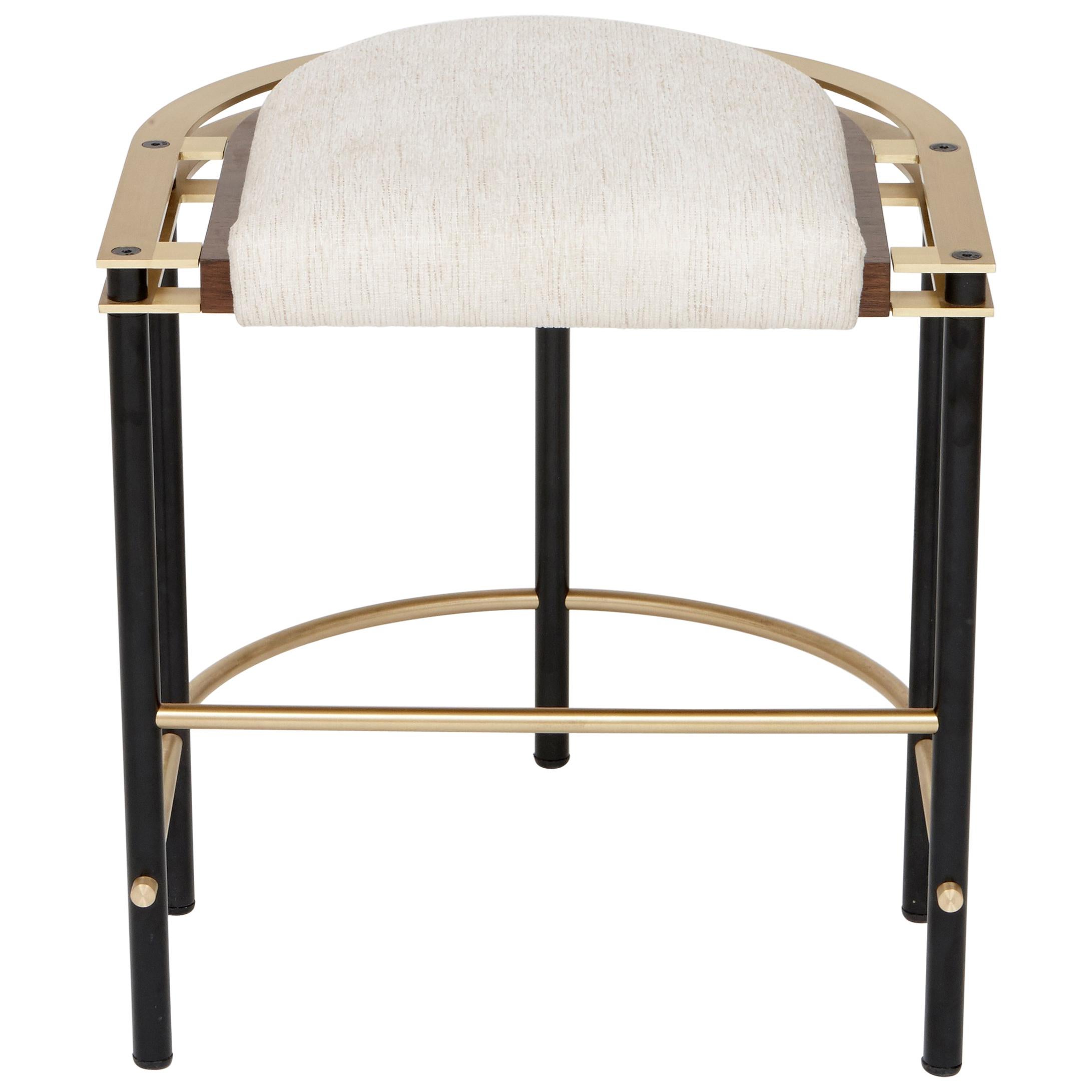 Frame Stool in Walnut, Brass, Steel and Linen by Studio A For Sale