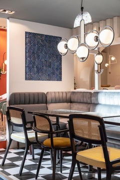 Art Deco inspired Frame Suspension Pendant Black, Frosted Glass, Terrazzo stone