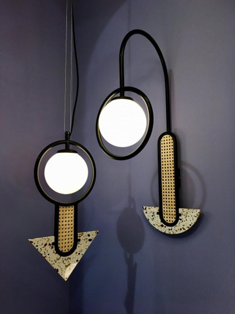 Rattan Post Modern Frame Wall Sconce Handcrafted in Portugal Black, Frosted Glass For Sale