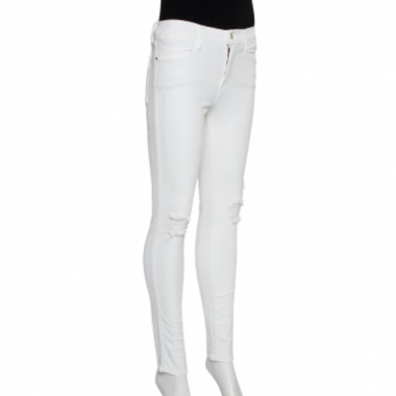 Frame White Denim High Skinny Distressed Blanc Jeans M In Good Condition For Sale In Dubai, Al Qouz 2