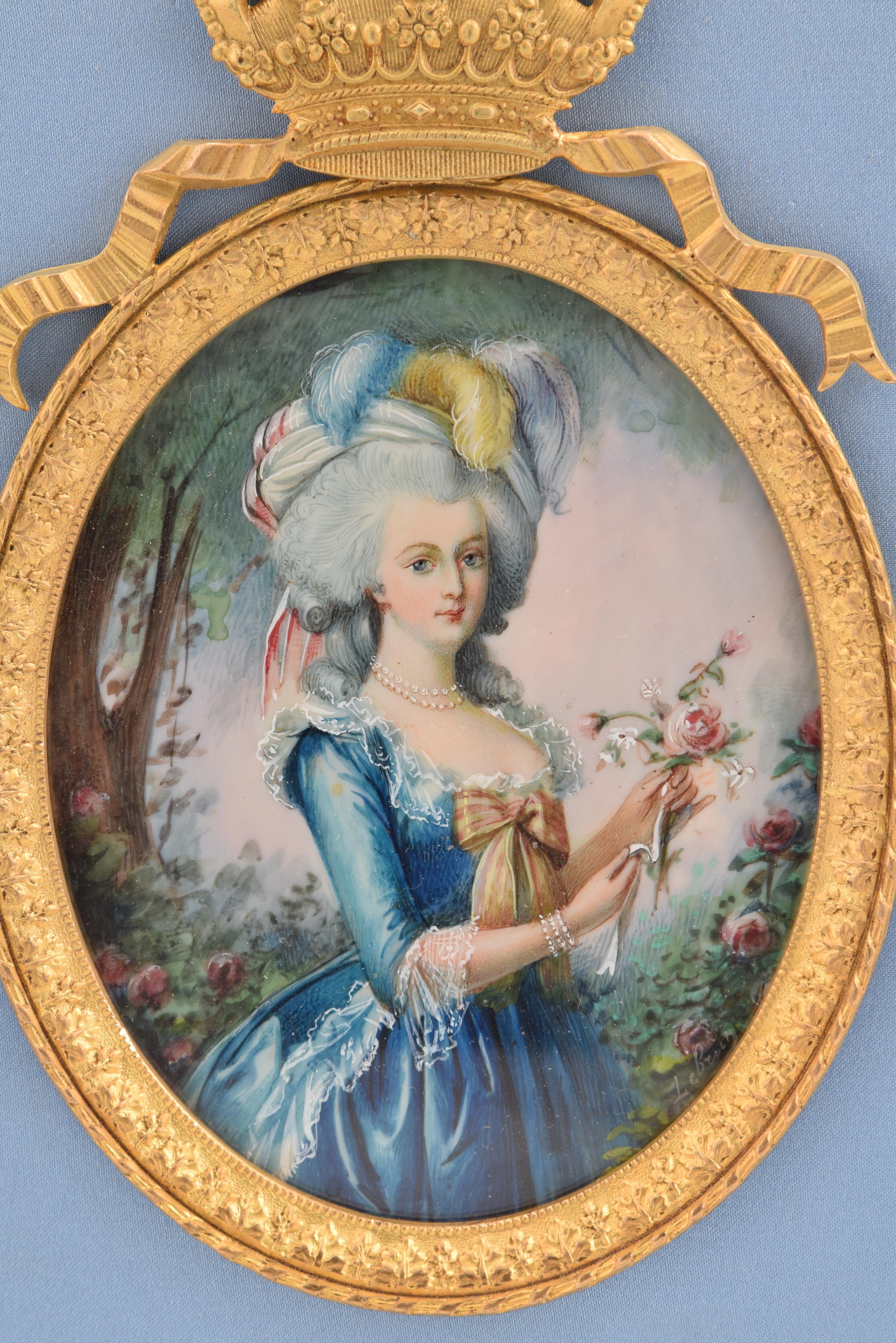19th Century Frame with three miniatures; Marie Antoinette, etc. 19th century. For Sale