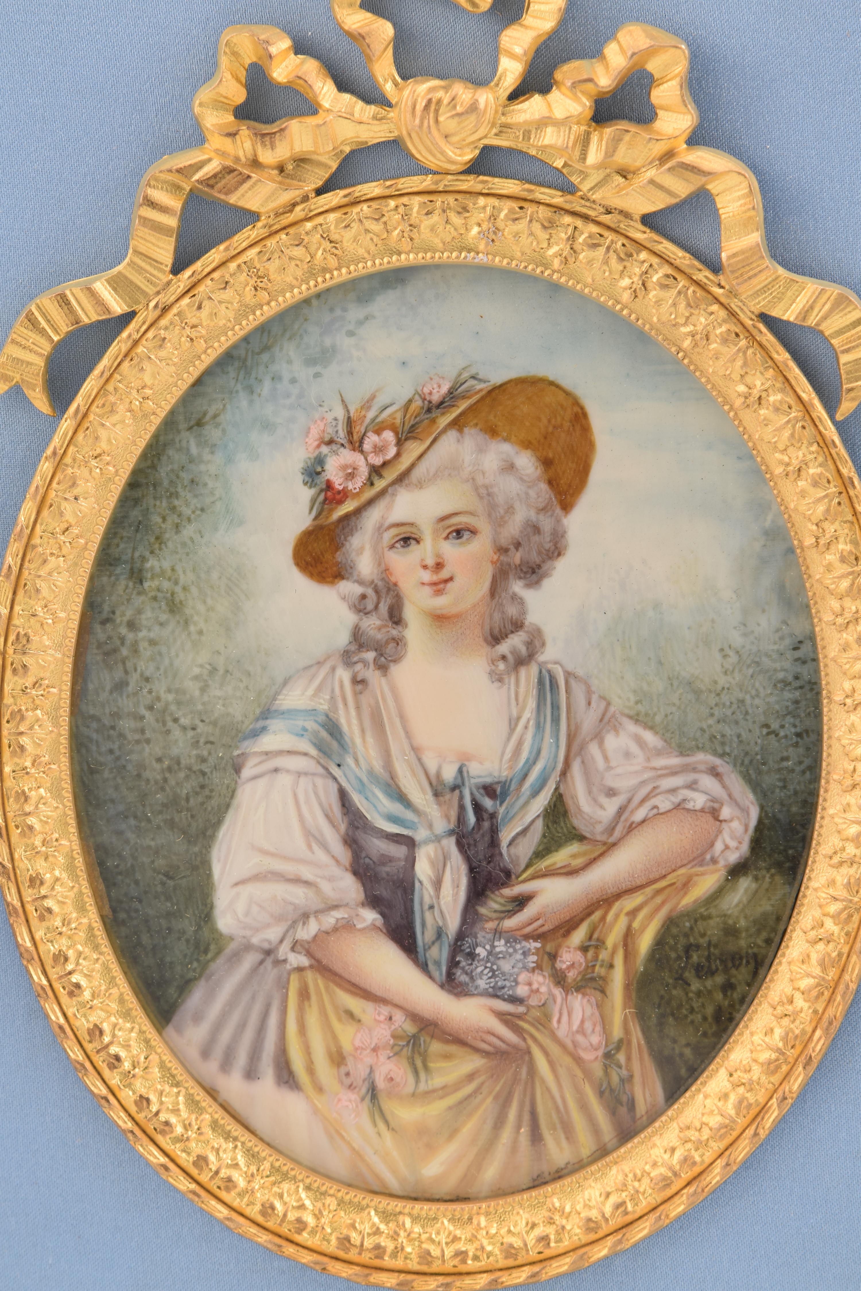 Bronze Frame with three miniatures; Marie Antoinette, etc. 19th century. For Sale