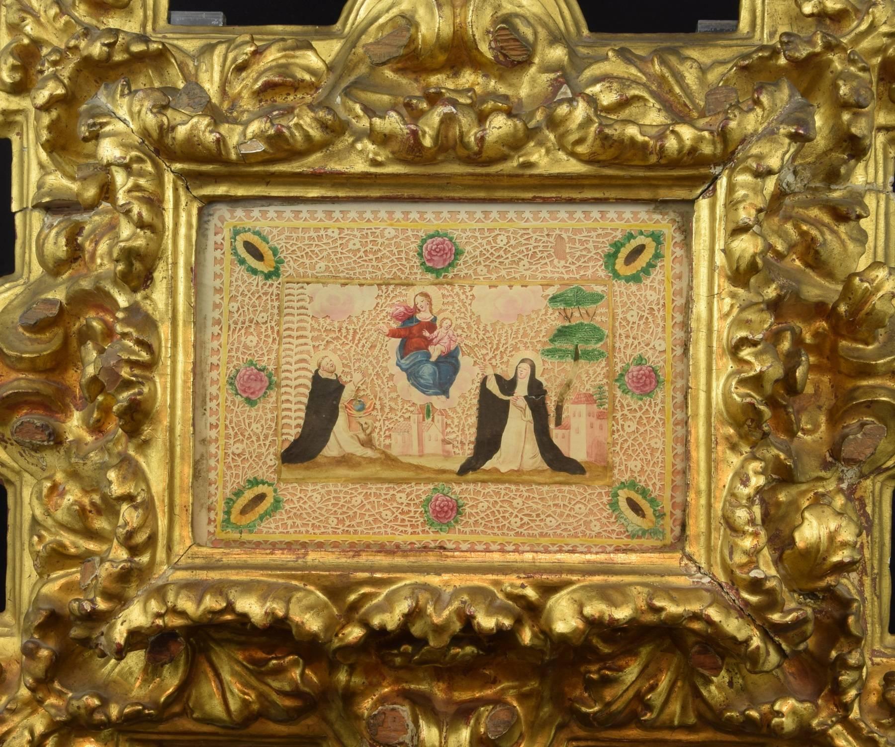 Baroque Frame with Vellum Painting, 17th Century For Sale