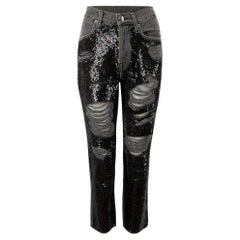 FRAME Women's Grey Sequinned Distress Straight Leg Jeans