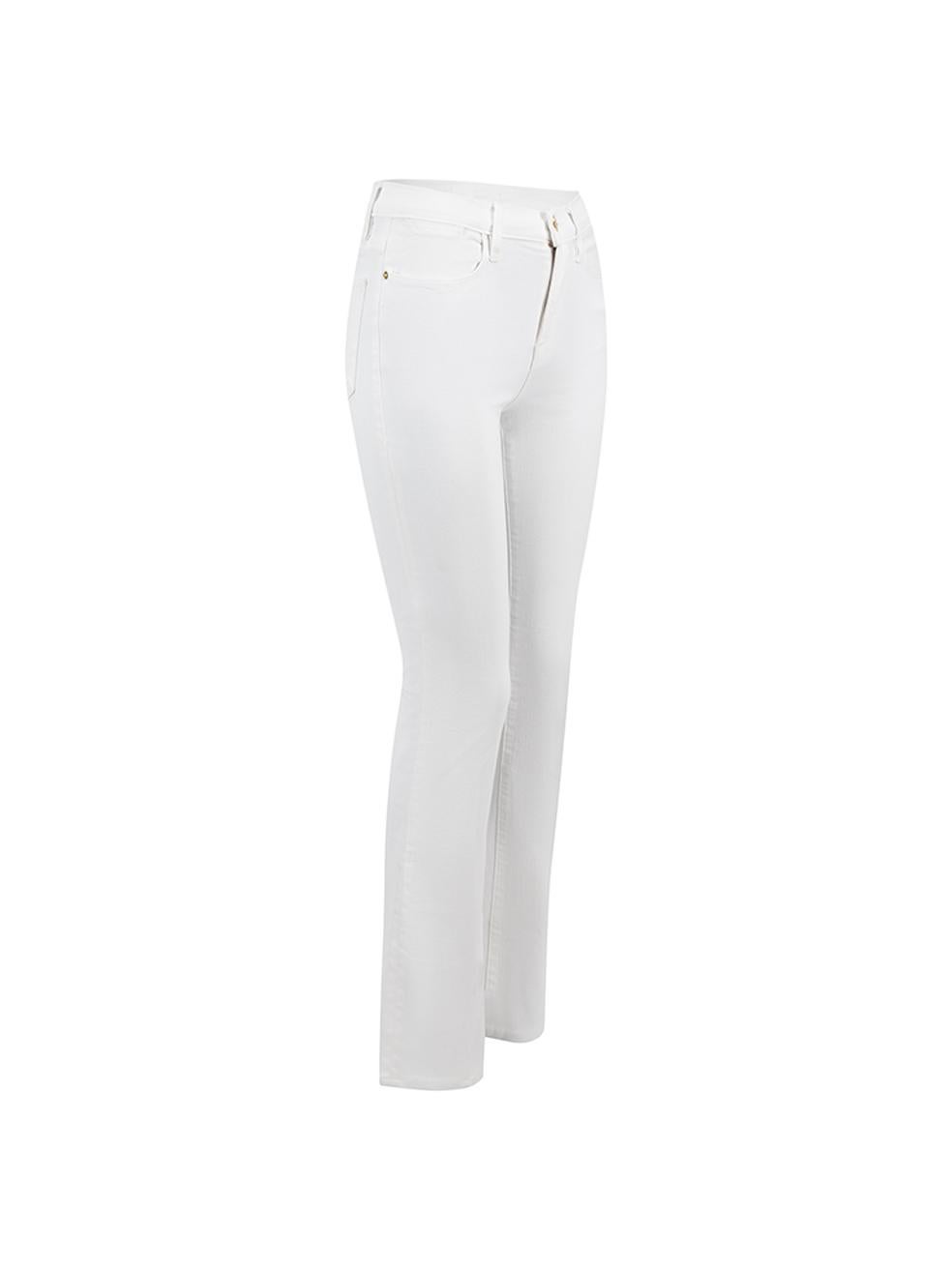 CONDITION is Very good. Minimal wear to jeans is evident. Minimal wear to the exterior denim material where some light marks can be seen on this used FRAME designer resale item.   Details  White Denim Flared jeans High rise Front zip closure with
