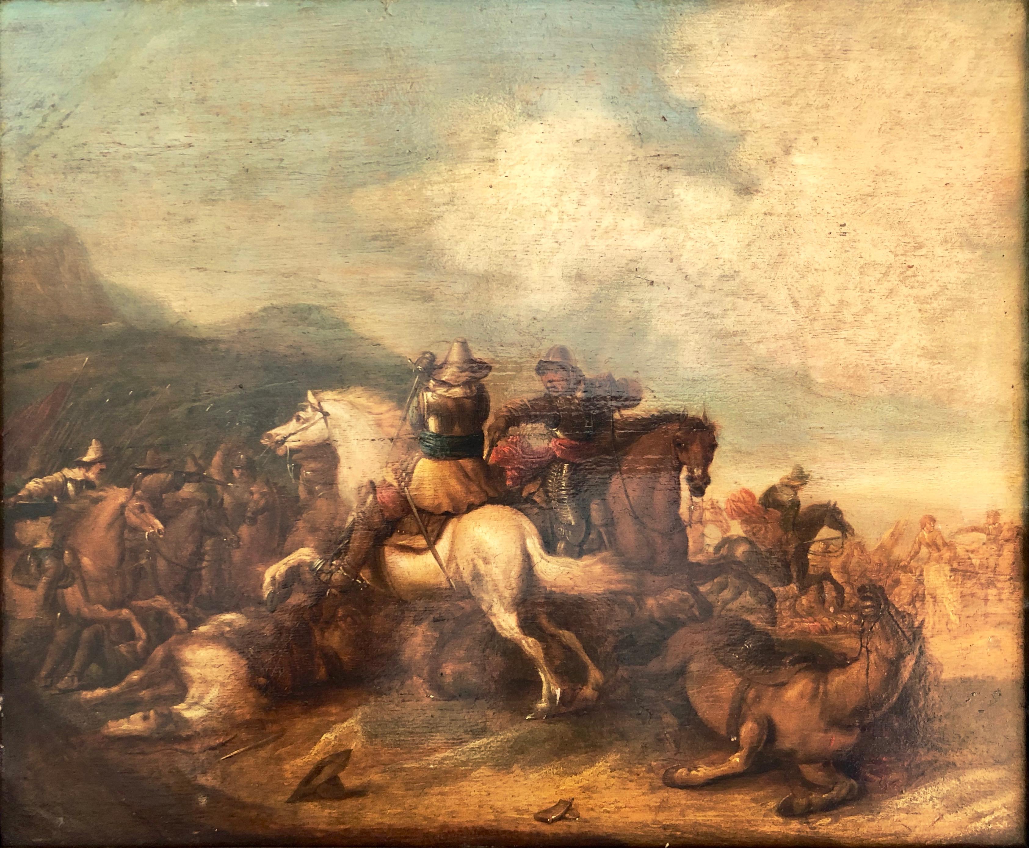 Baroque Framed 1609 Oil on Wood Painting signed Martens de Jonge, Cavalry Battle Scene For Sale