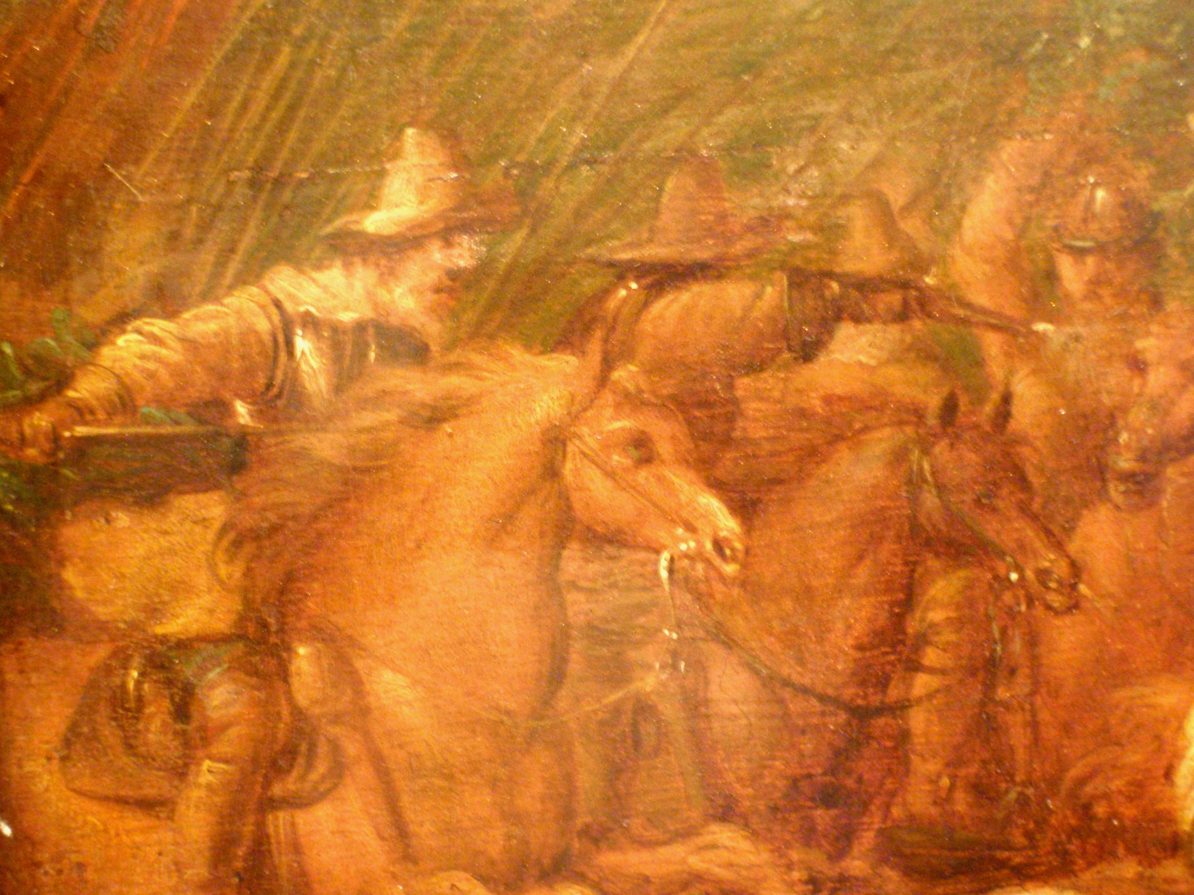 Dutch Framed 1609 Oil on Wood Painting signed Martens de Jonge, Cavalry Battle Scene For Sale