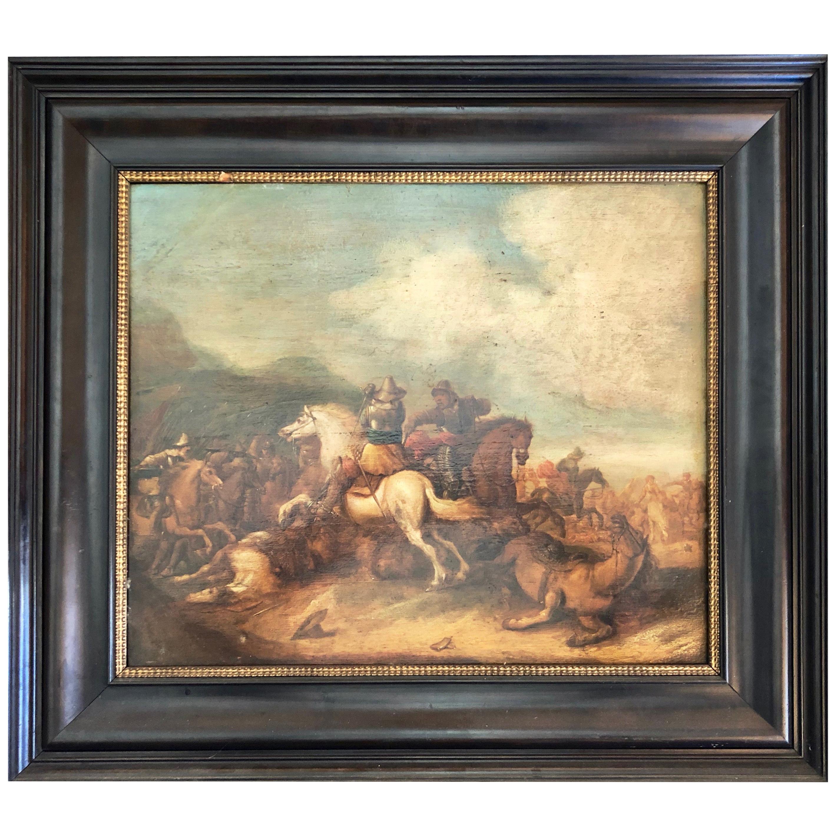 Framed 1609 Oil on Wood Painting signed Martens de Jonge, Cavalry Battle Scene For Sale